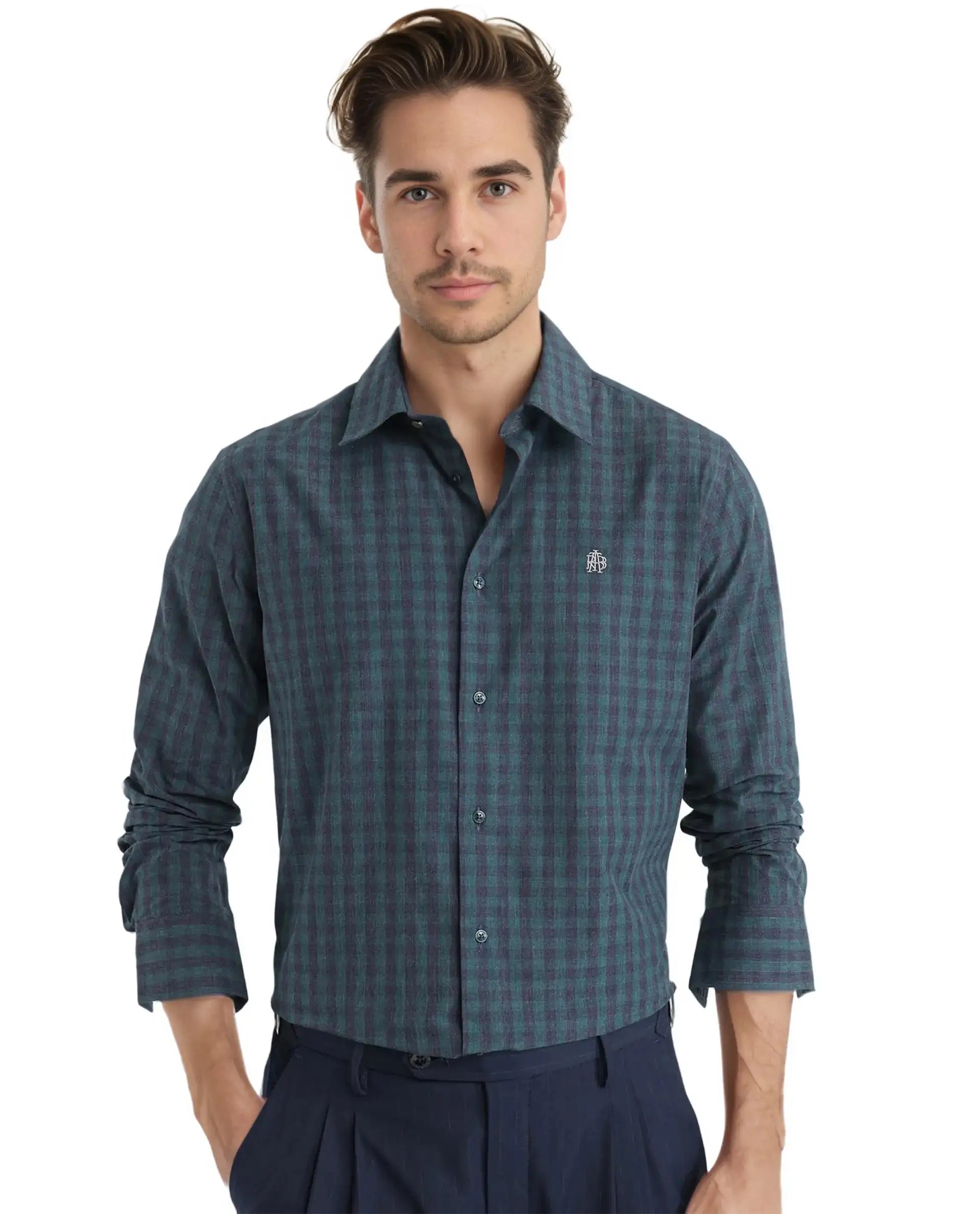 Rare Rabbit Men's Otts Dark Green Checked Print Regular Fit Full Sleeve Collared Shirt