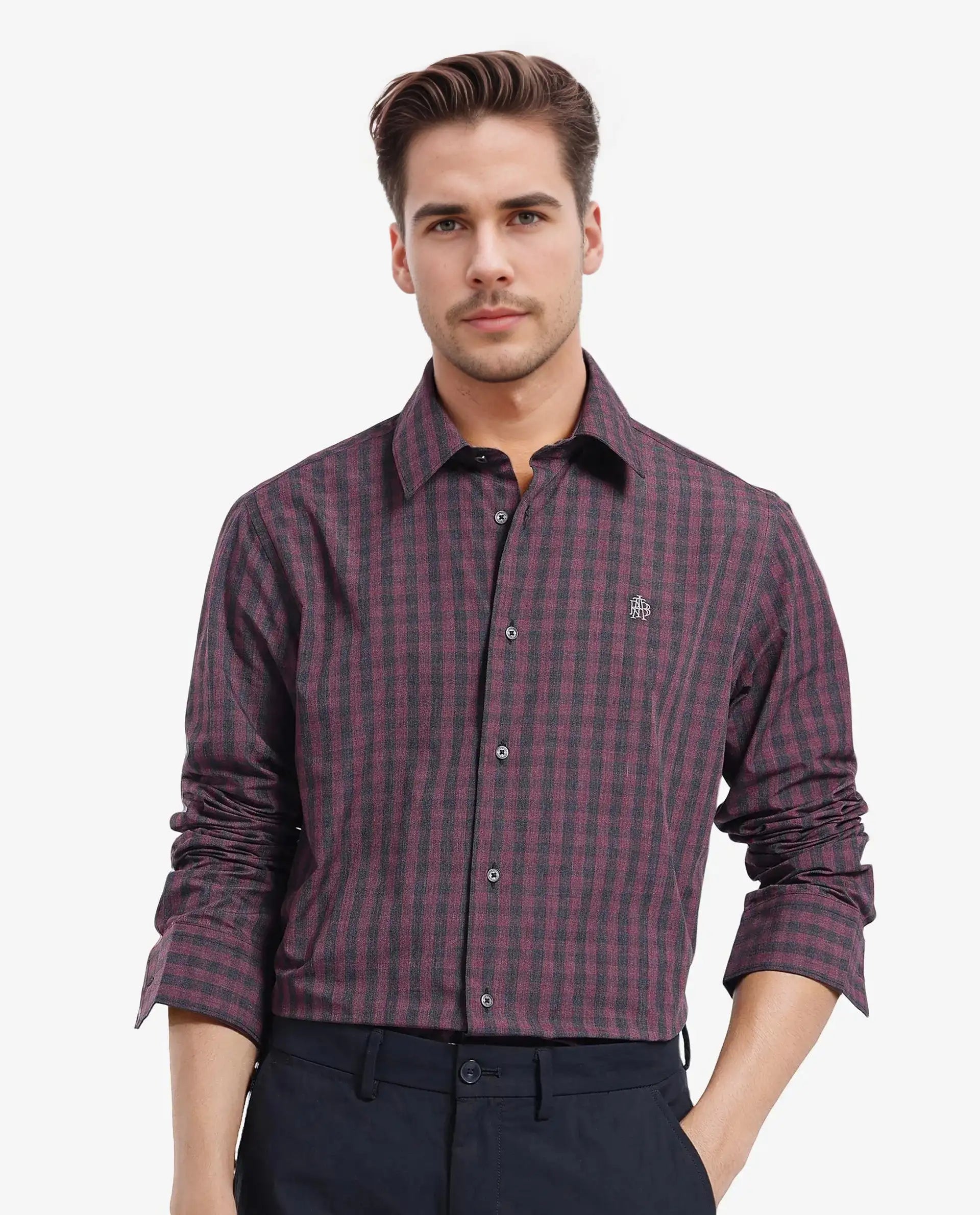 Rare Rabbit Men's Otts Dark Maroon Cotton Checked Print Regular Fit Full Sleeve Collared Shirt