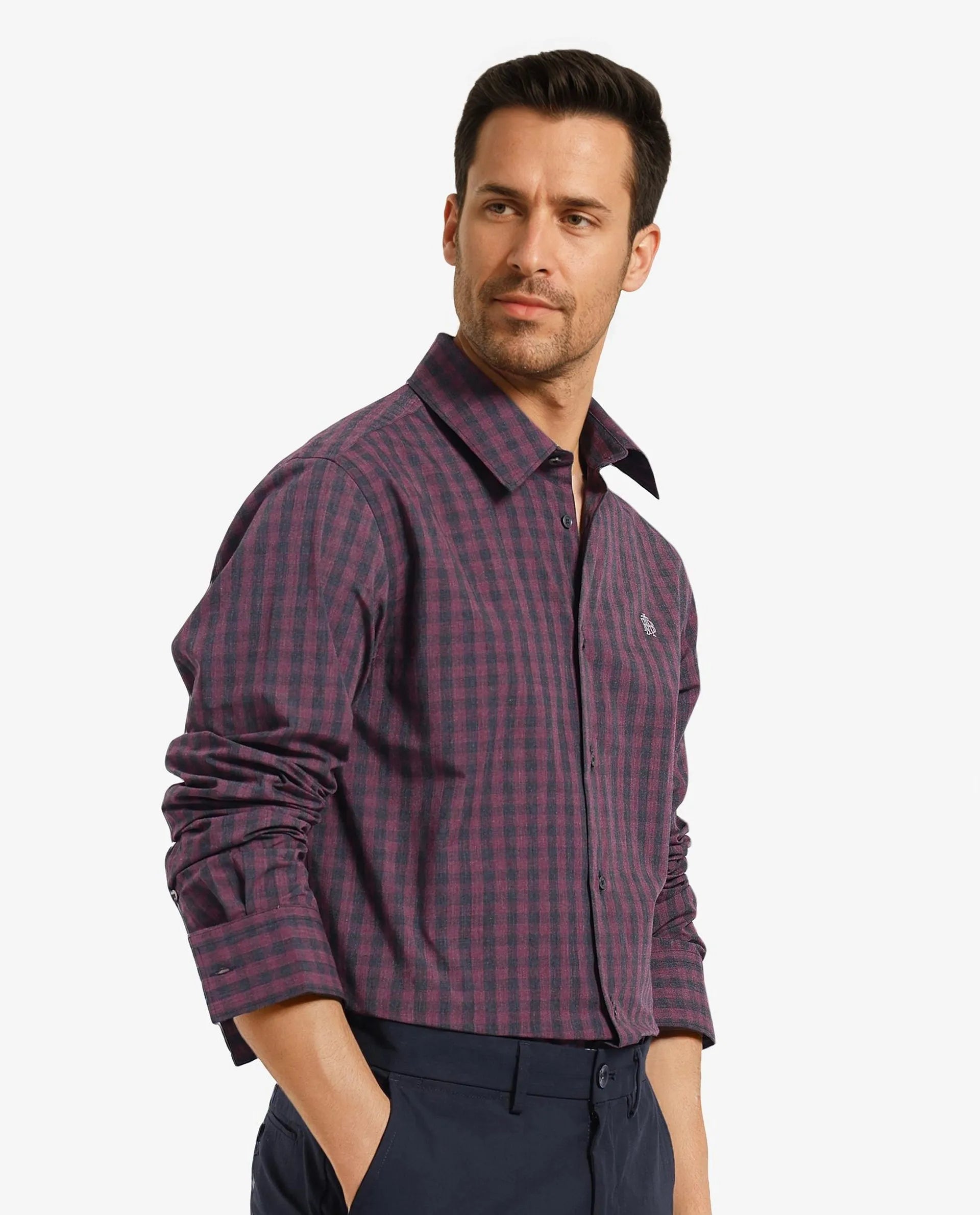 Rare Rabbit Men Otts Dark Maroon Cotton Poly Fabric Full Sleeve Regular Fit Checked Shirt