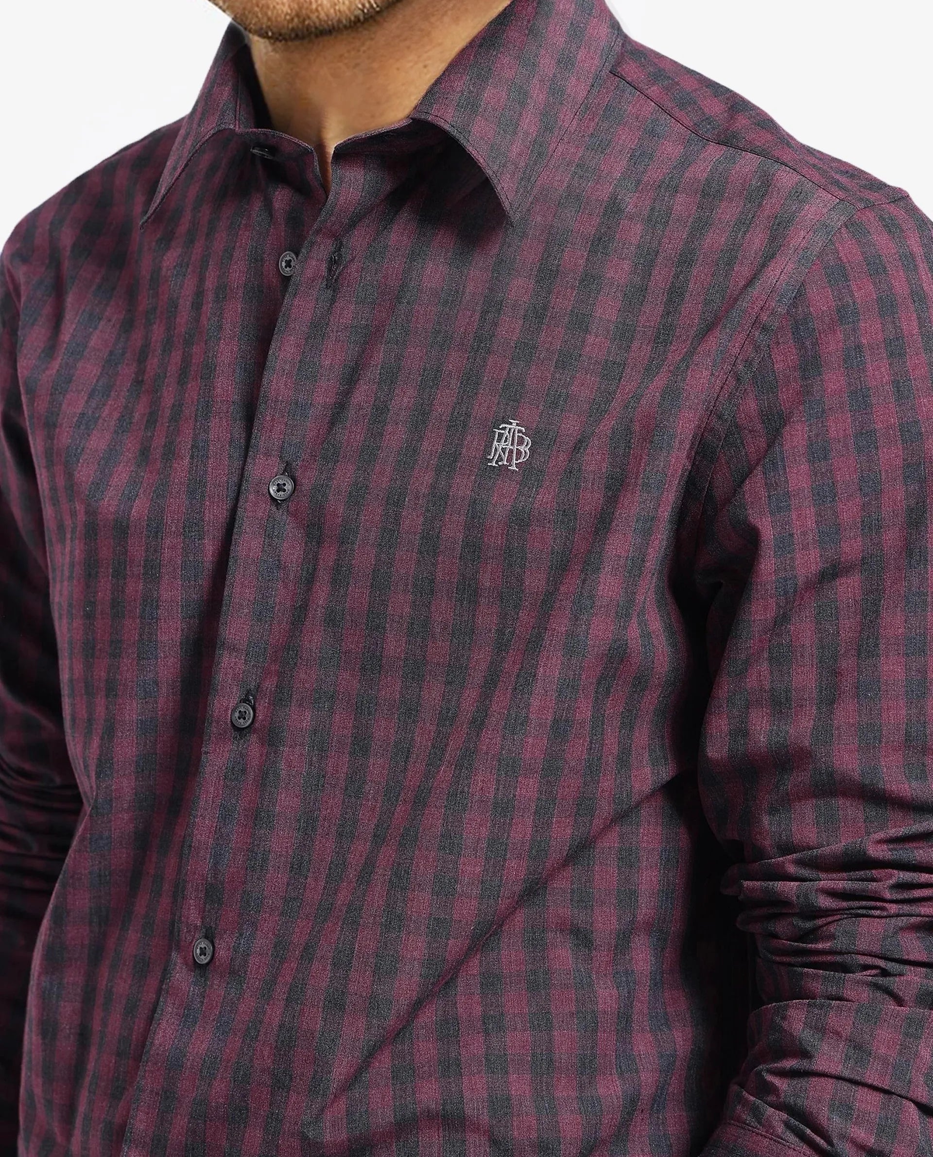 Rare Rabbit Men Otts Dark Maroon Cotton Poly Fabric Full Sleeve Regular Fit Checked Shirt