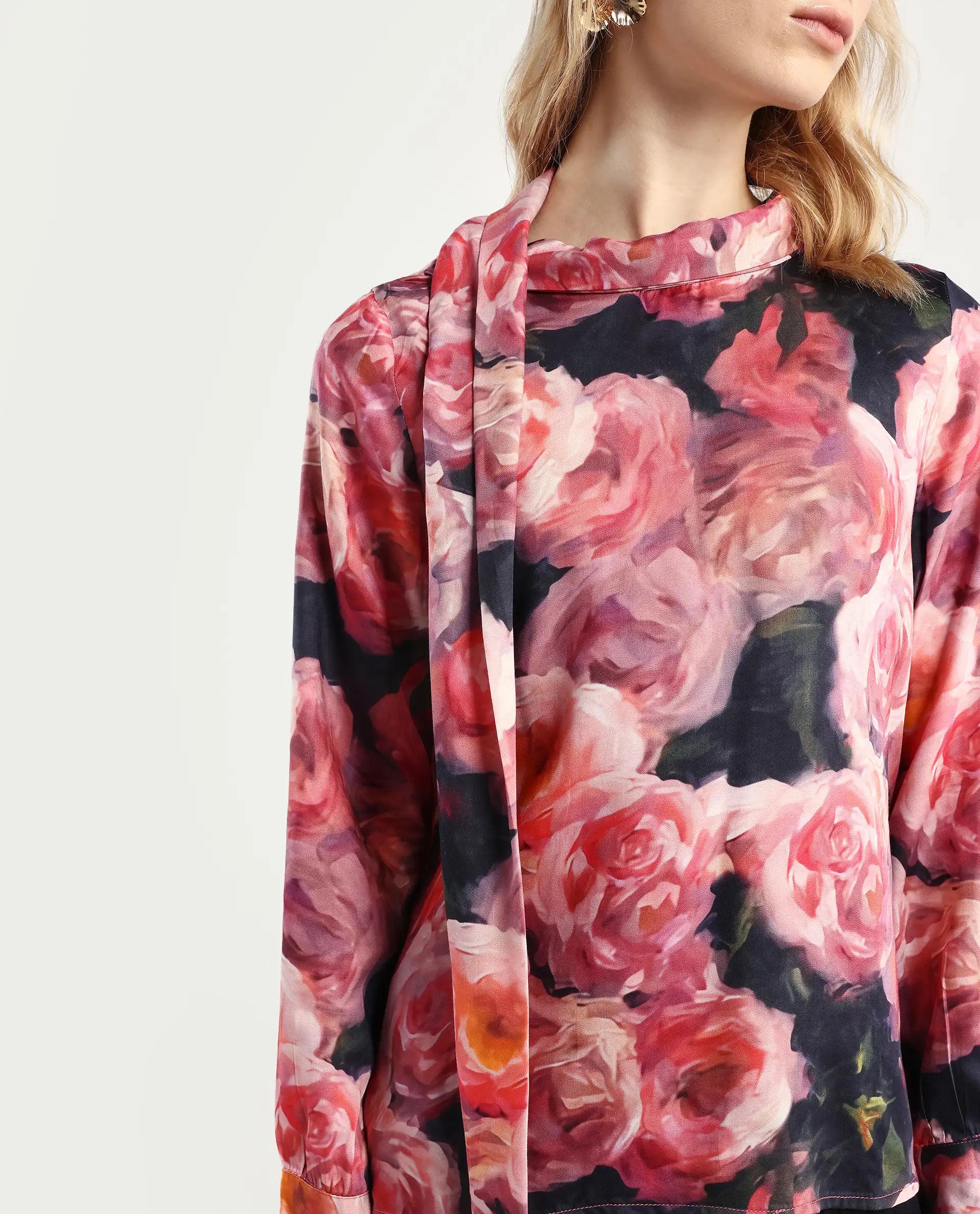 Rareism Women's Oudid Multi Cotton Blend Cowl Neck Floral Print Cuffed Sleeve Regular Fit Top