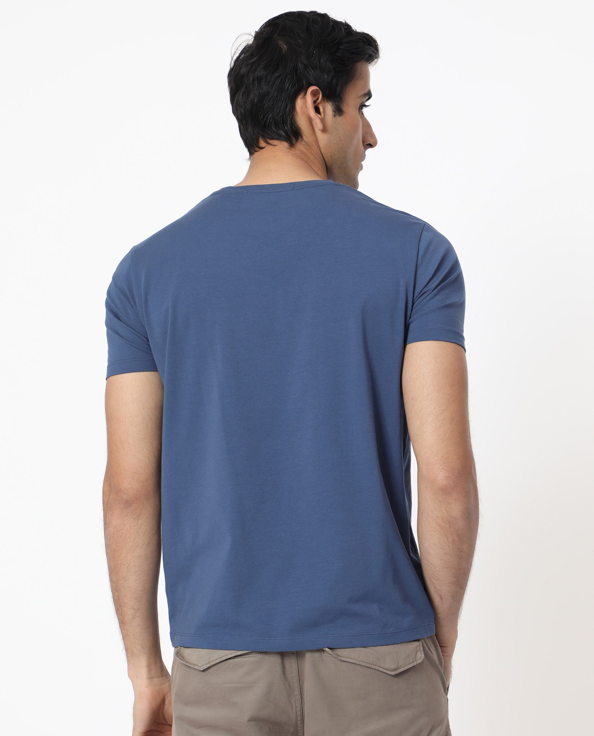 Rare Rabbit Men's Oval-1 Blue Crew Neck Half Sleeves Regular Fit Twill HD Logo Print T-Shirt