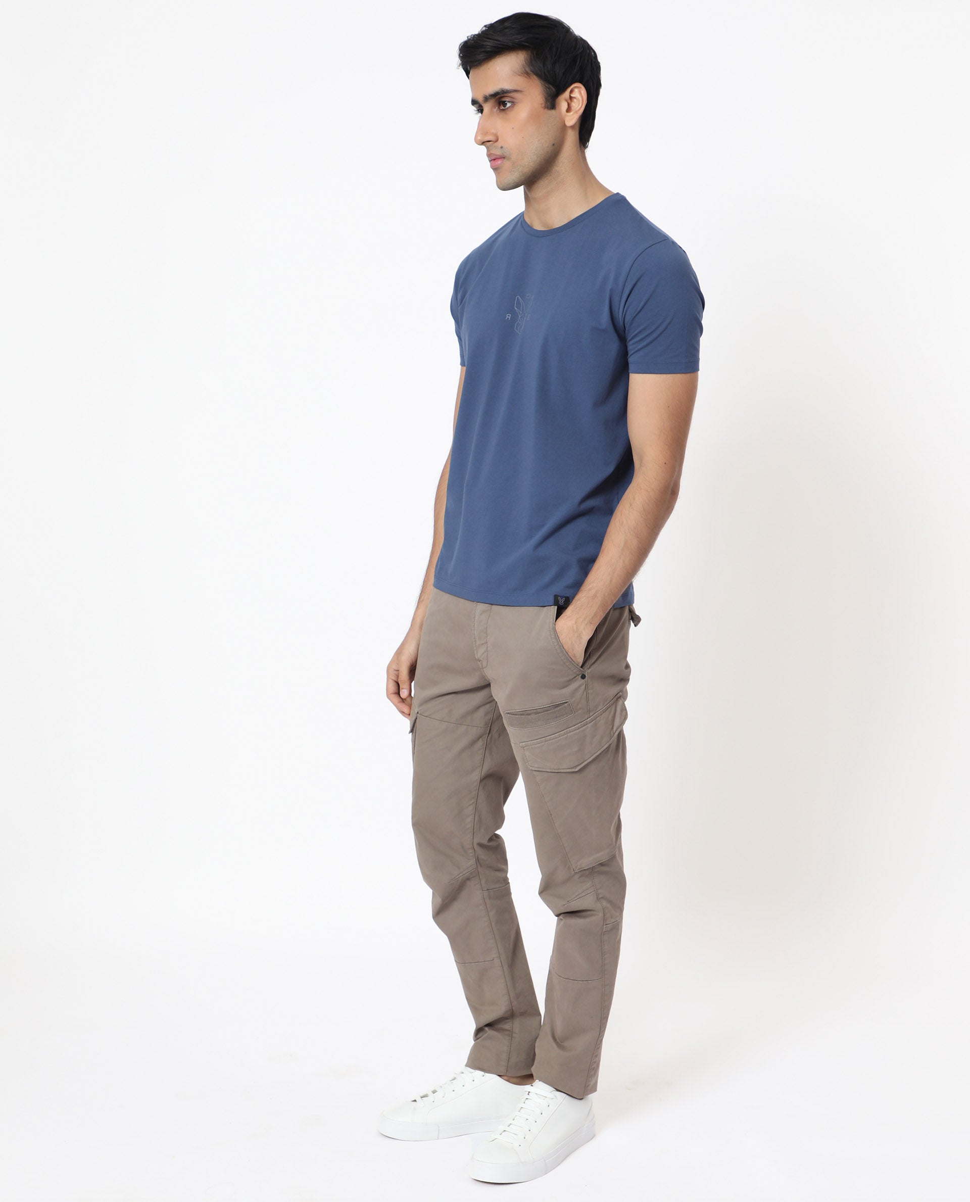 Rare Rabbit Men's Oval-1 Blue Crew Neck Half Sleeves Regular Fit Twill HD Logo Print T-Shirt