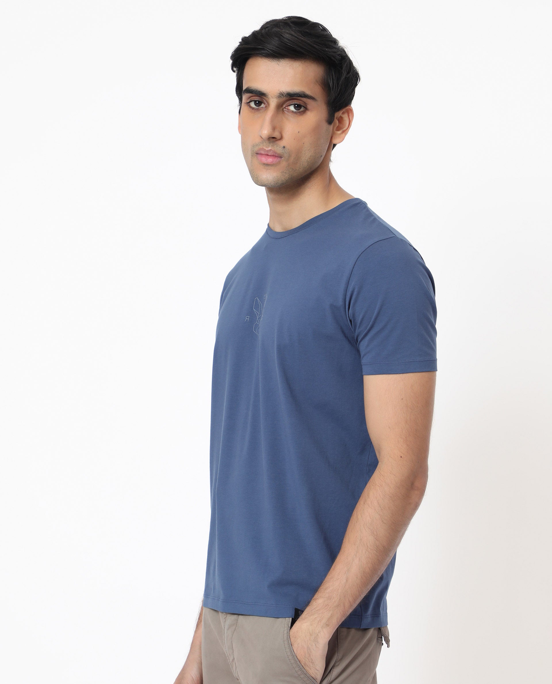 Rare Rabbit Men's Oval-1 Blue Crew Neck Half Sleeves Regular Fit Twill HD Logo Print T-Shirt