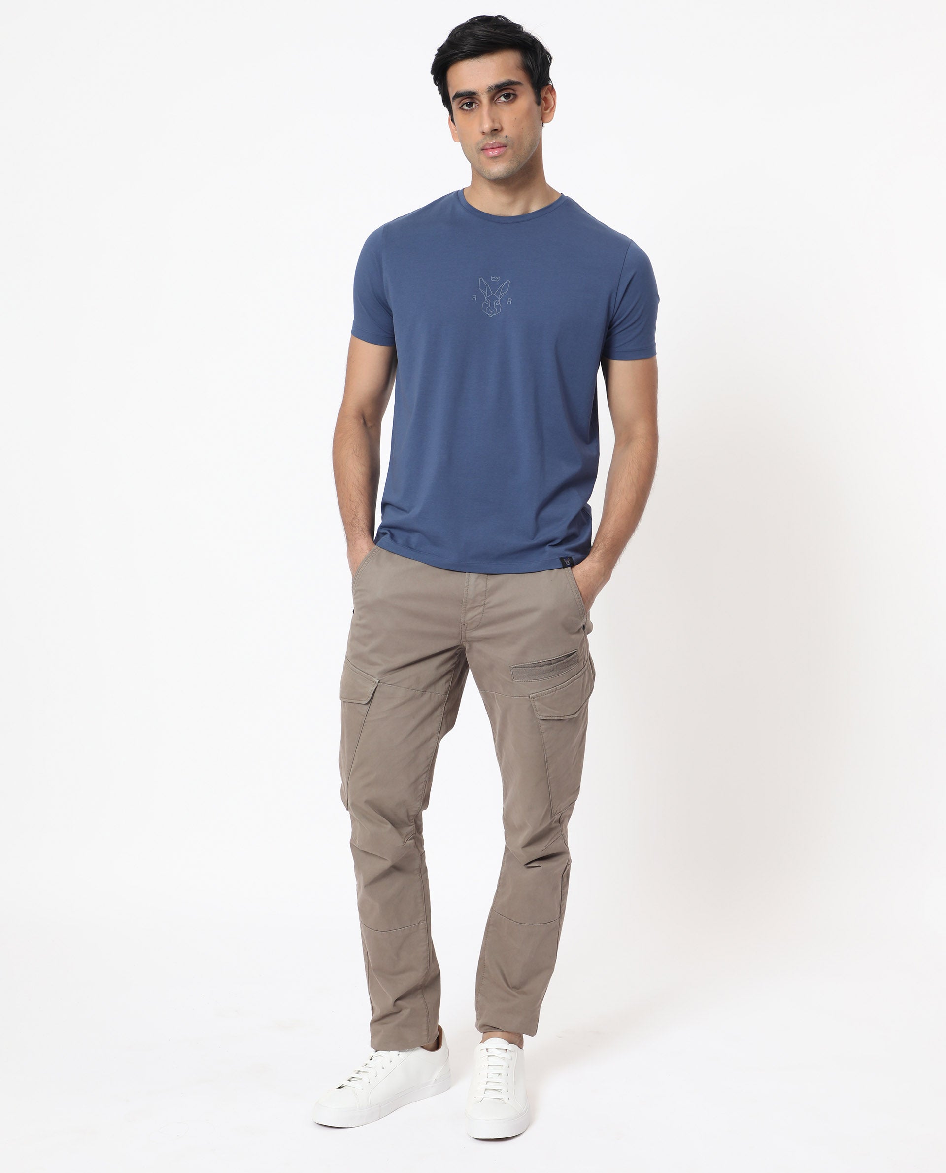 Rare Rabbit Men's Oval-1 Blue Crew Neck Half Sleeves Regular Fit Twill HD Logo Print T-Shirt