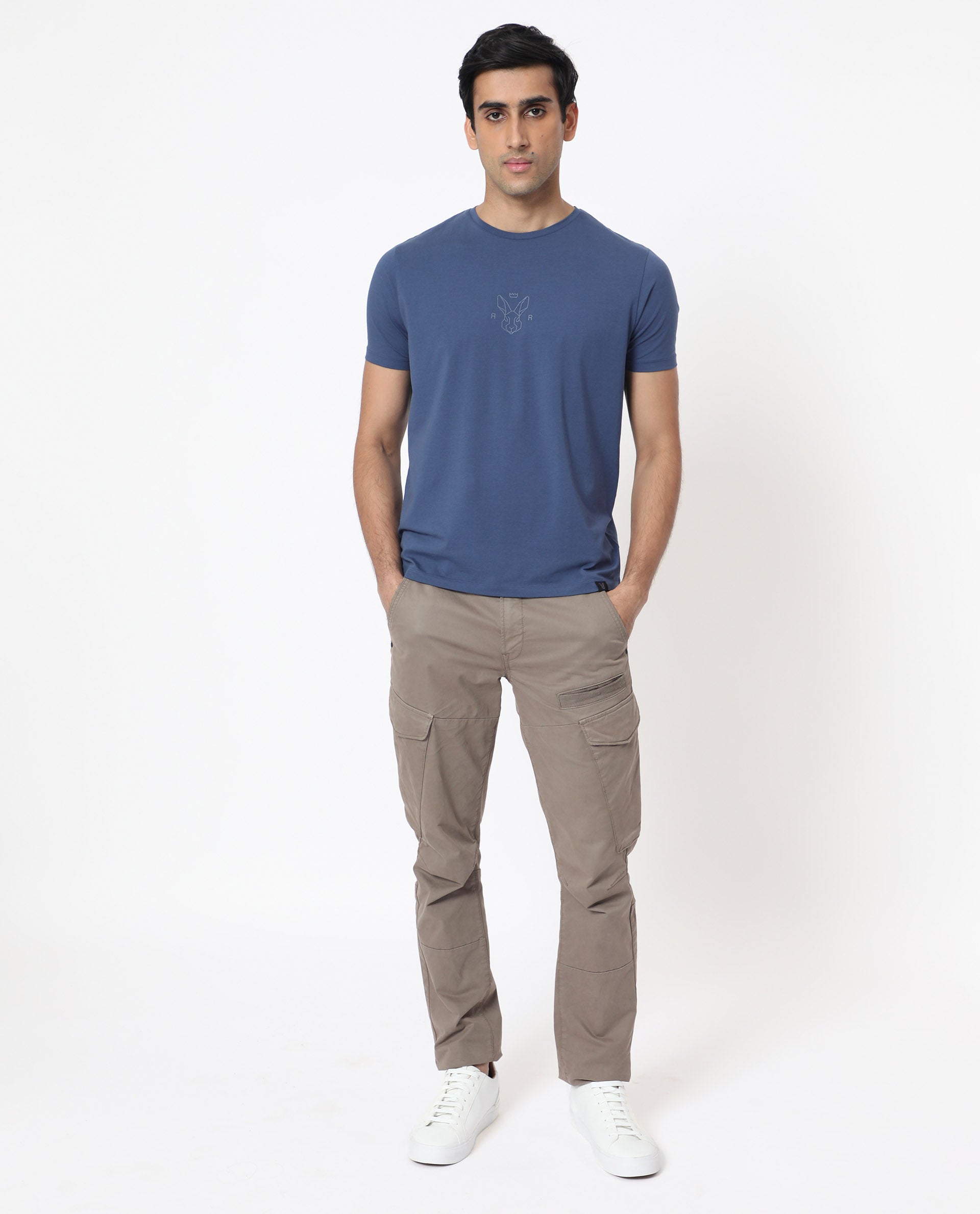 Rare Rabbit Men's Oval-1 Blue Crew Neck Half Sleeves Regular Fit Twill HD Logo Print T-Shirt