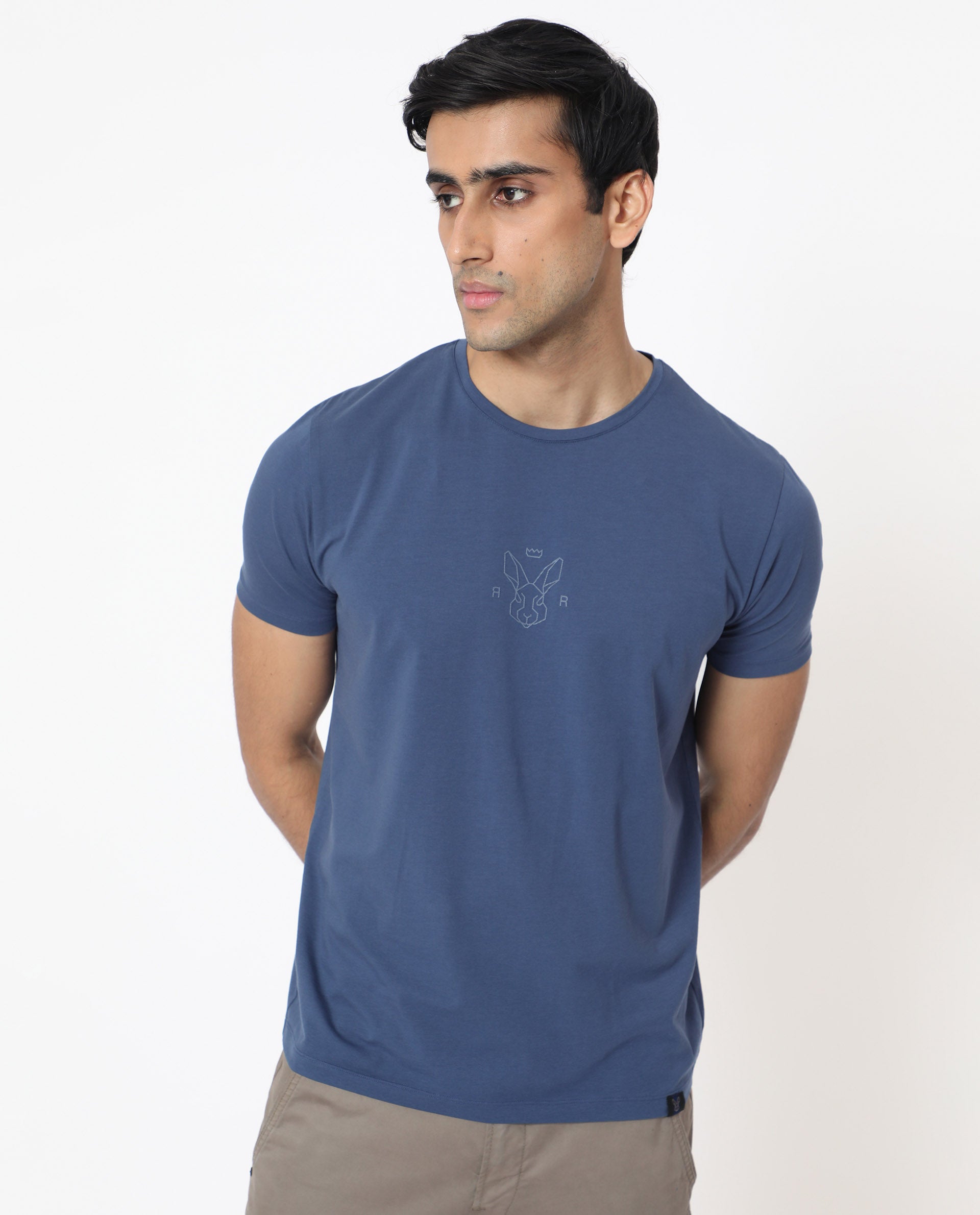 Rare Rabbit Men's Oval-1 Blue Crew Neck Half Sleeves Regular Fit Twill HD Logo Print T-Shirt