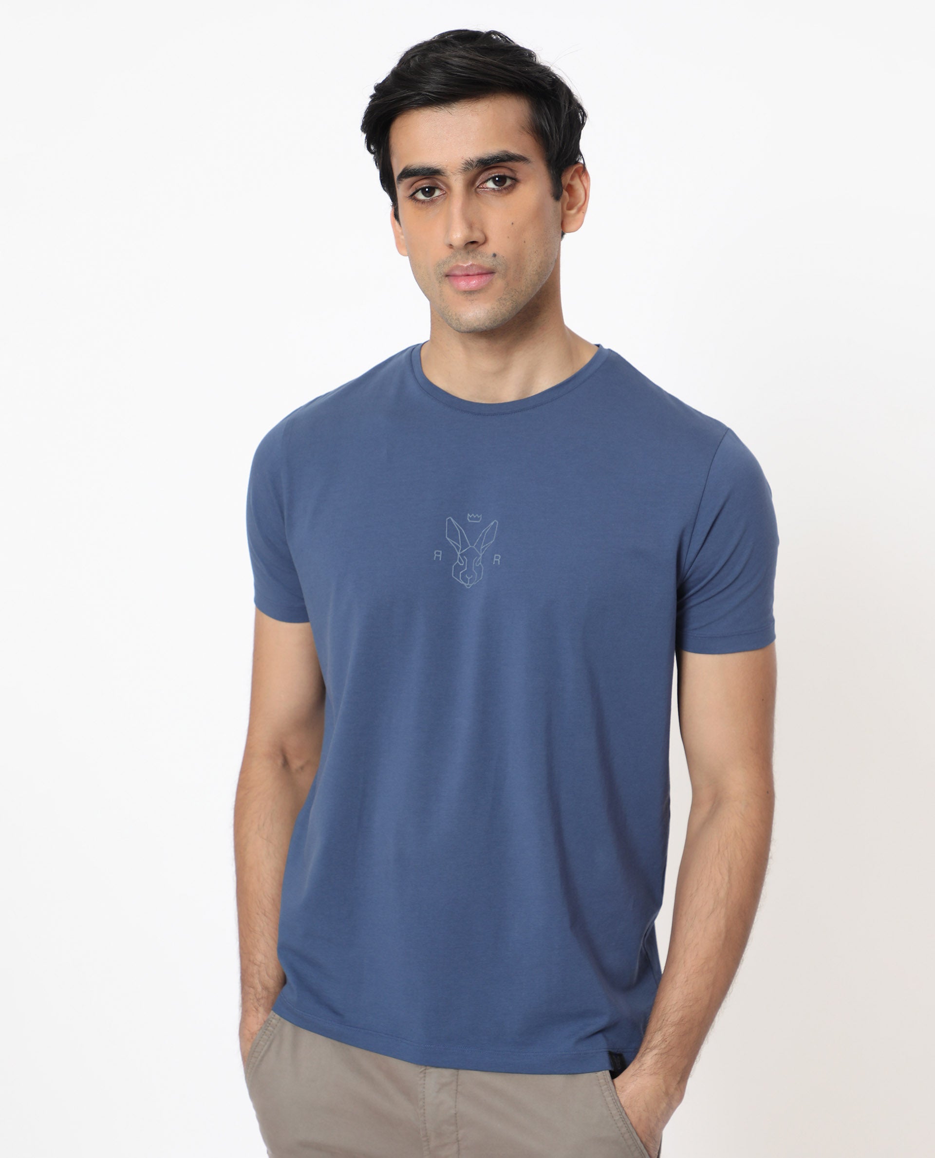 Rare Rabbit Men's Oval-1 Blue Crew Neck Half Sleeves Regular Fit Twill HD Logo Print T-Shirt