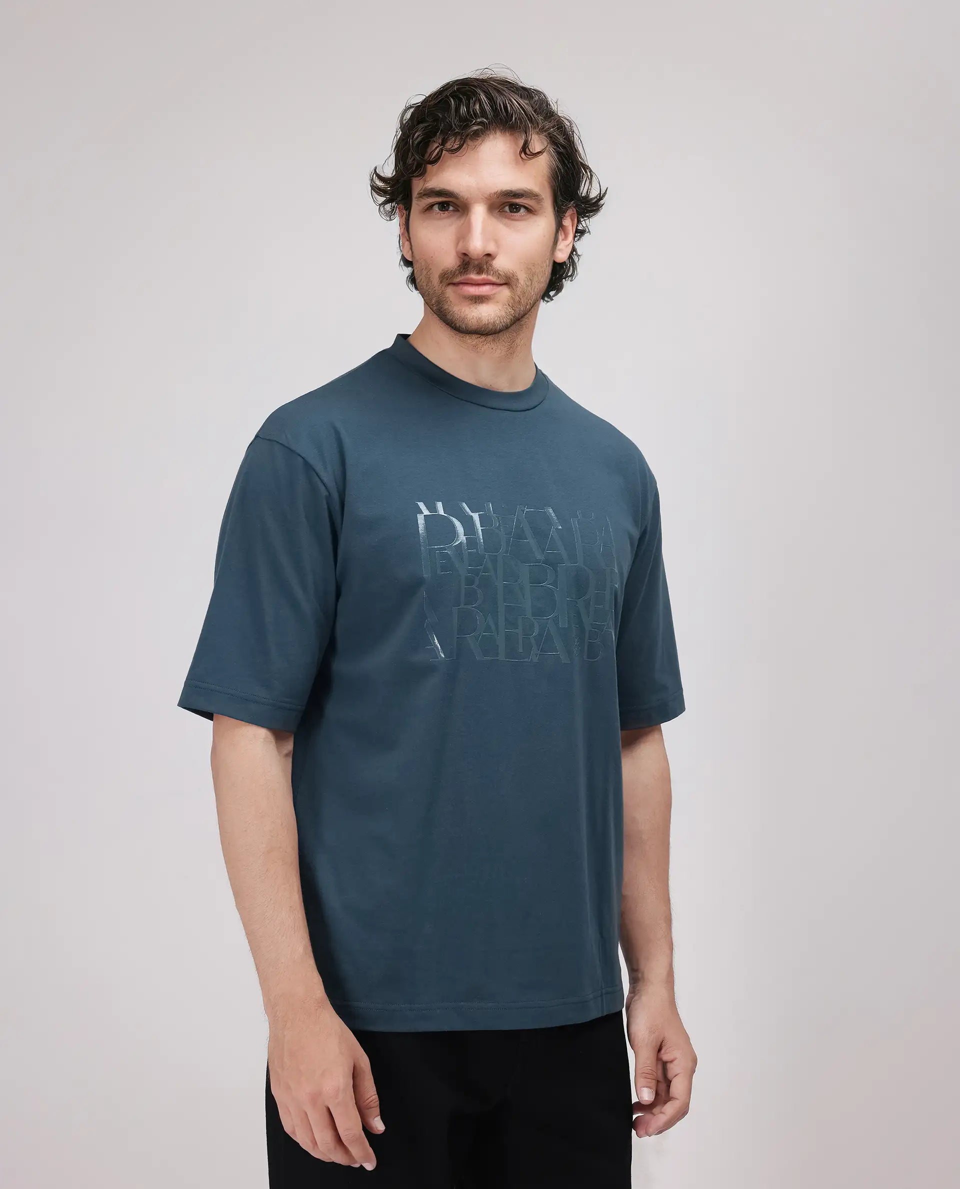 Rare Rabbit Men Ovem Dusky Teal Cotton Blend Fabric Short Sleeve Crew Neck Qlo Fit Abstract Print T-Shirt