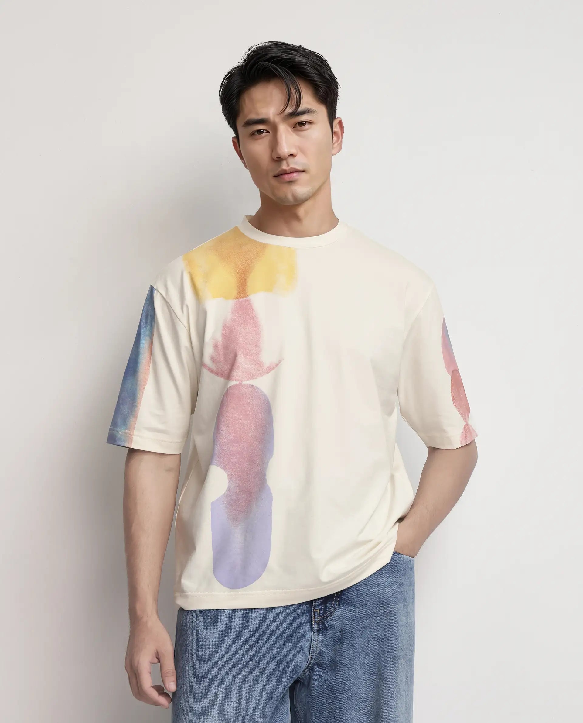 Rare Rabbit Men Ovet Off White Cotton Blend Fabric Short Sleeve Crew Neck Qlo Fit Abstract Print T-Shirt