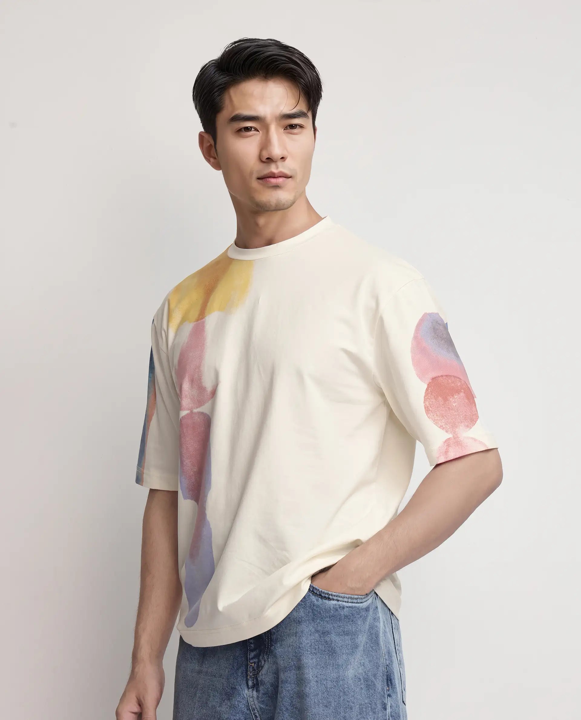 Rare Rabbit Men Ovet Off White Cotton Blend Fabric Short Sleeve Crew Neck Qlo Fit Abstract Print T-Shirt