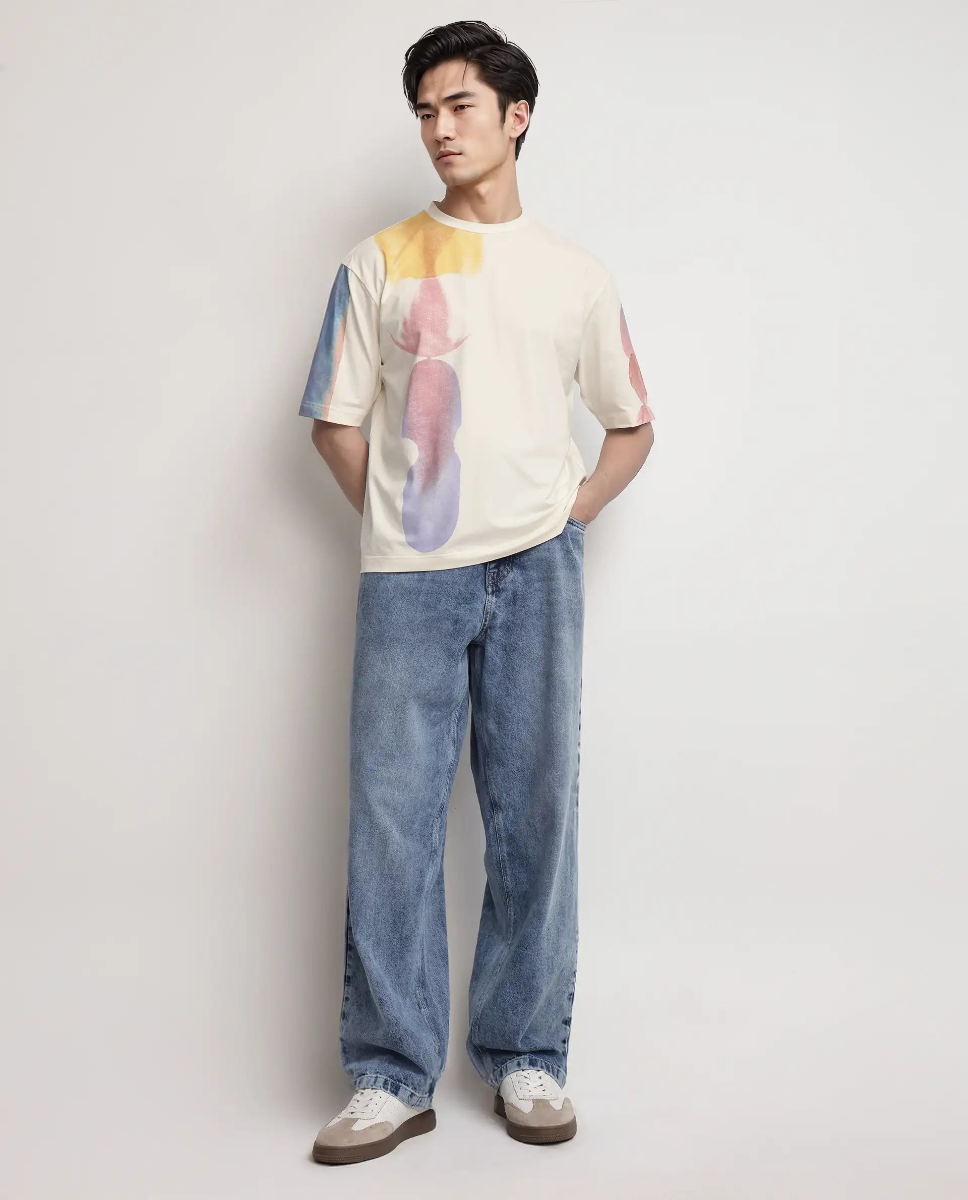 Rare Rabbit Men Ovet Off White Cotton Blend Fabric Short Sleeve Crew Neck Qlo Fit Abstract Print T-Shirt