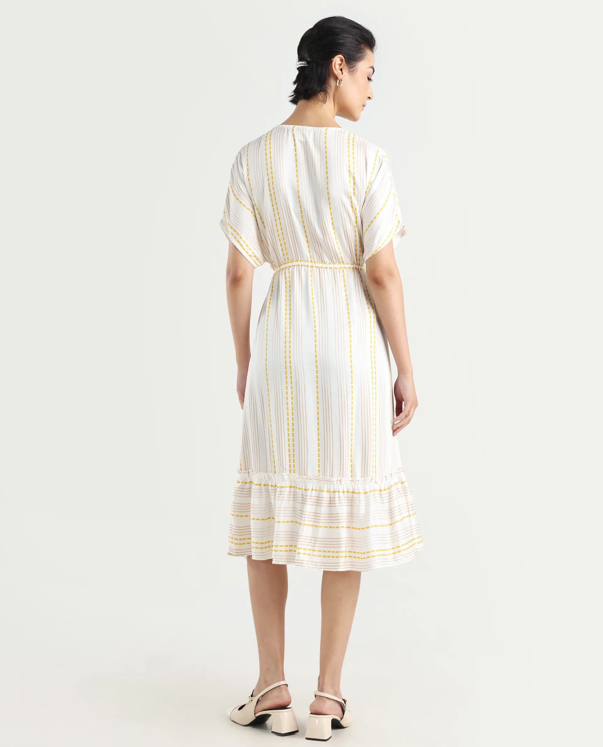 Rareism Women's Oxaca White Cotton Blend V-Neck Striped Extended Sleeves Knee Length Fit And Flare Dress