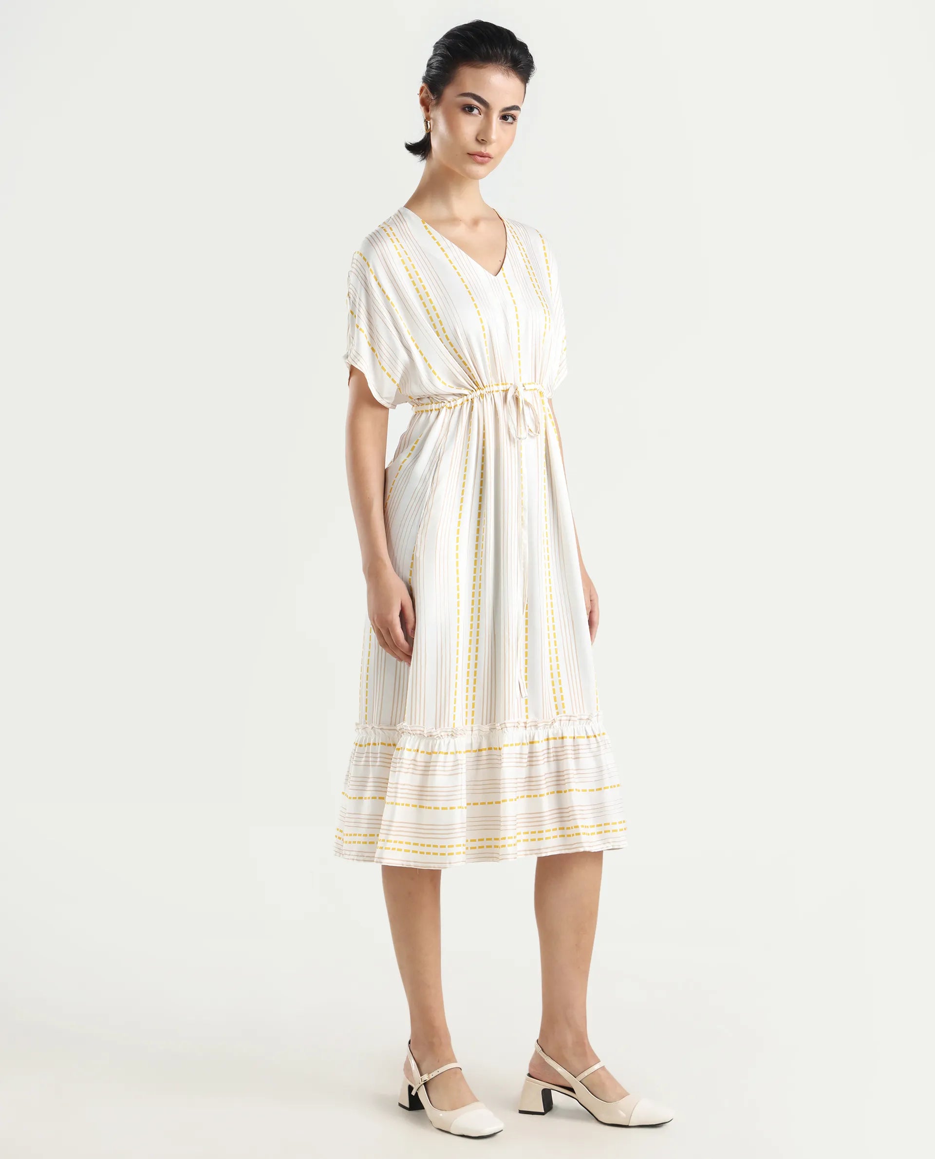 Rareism Women's Oxaca White Cotton Blend V-Neck Striped Extended Sleeves Knee Length Fit And Flare Dress