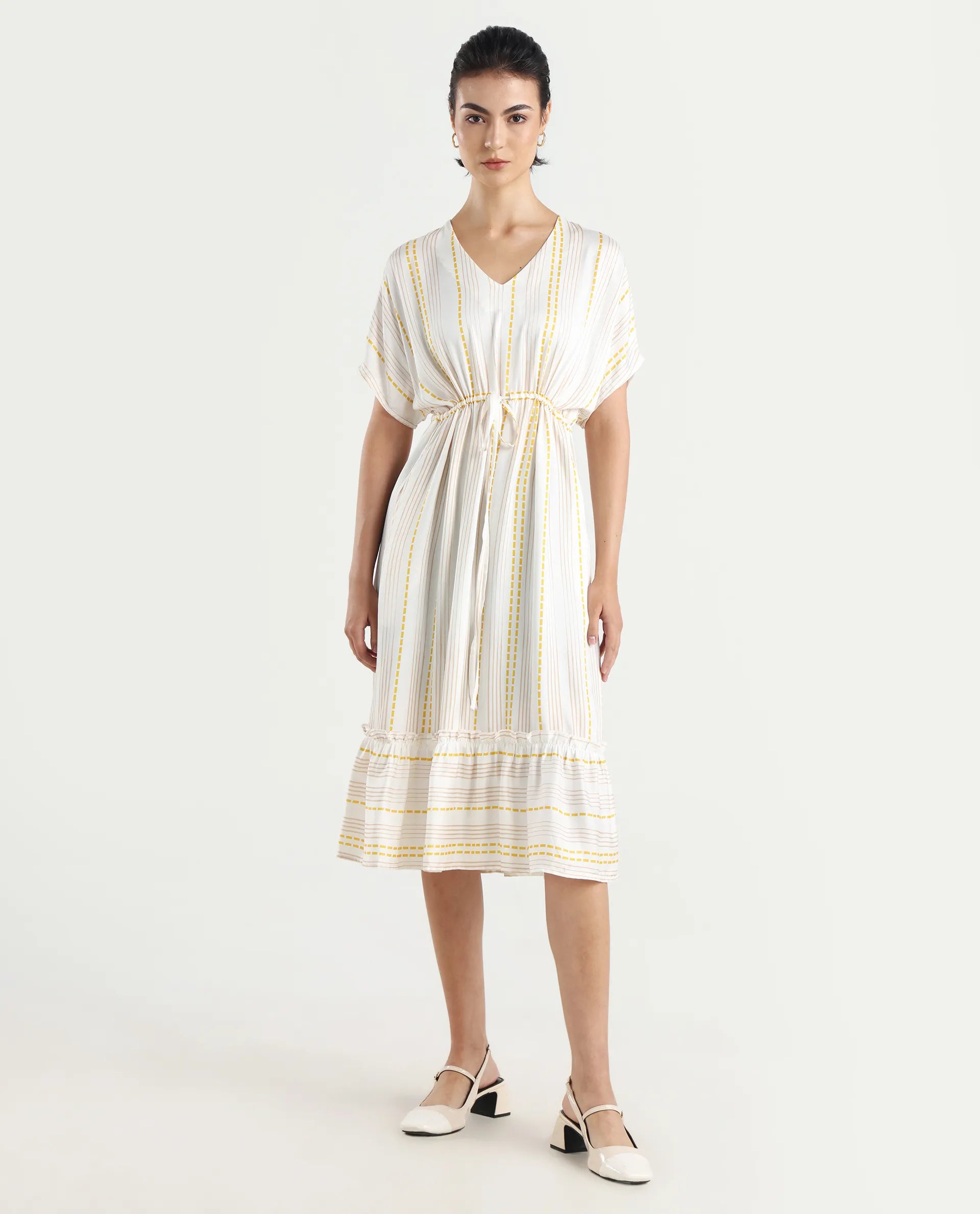 Rareism Women's Oxaca White Cotton Blend V-Neck Striped Extended Sleeves Knee Length Fit And Flare Dress