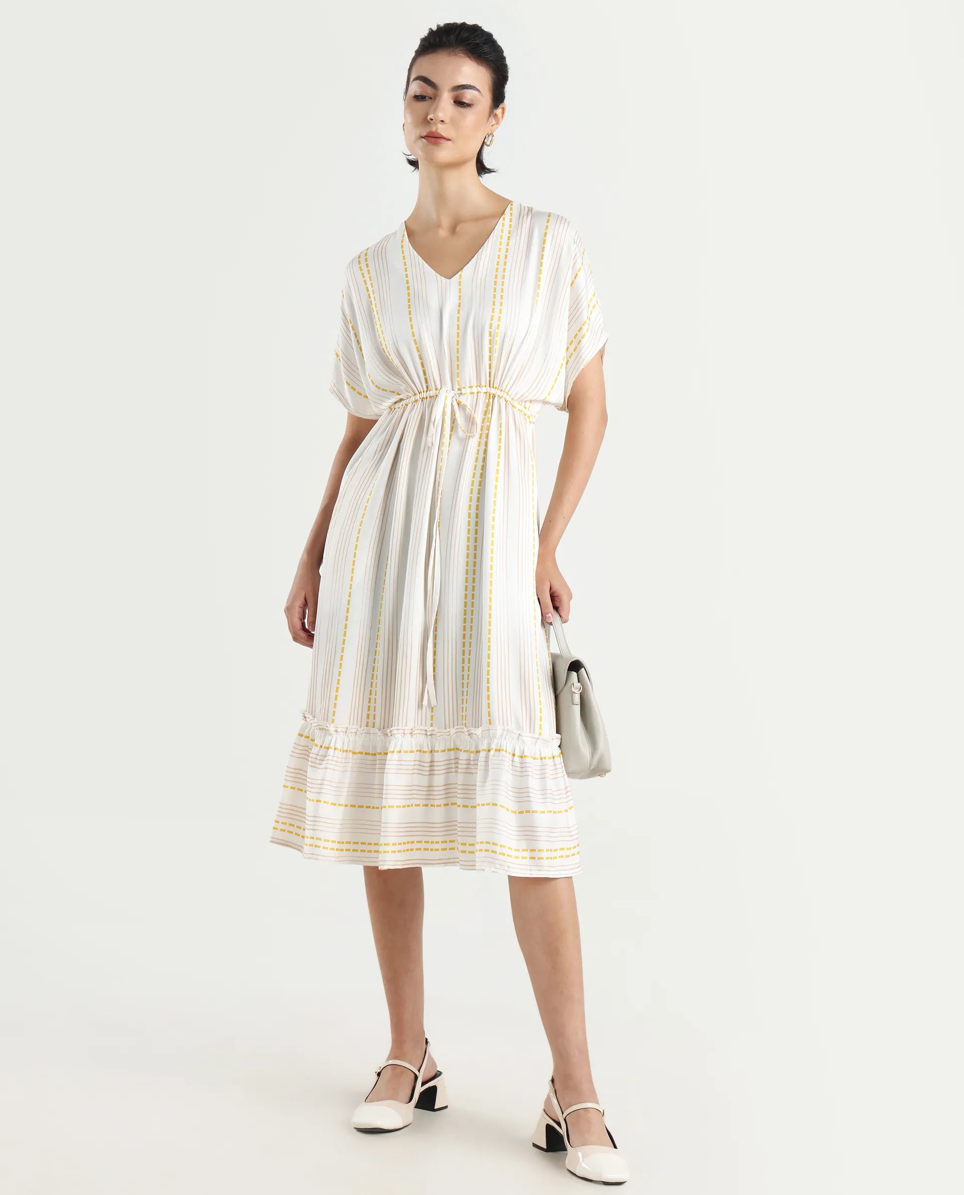 Rareism Women's Oxaca White Cotton Blend V-Neck Striped Extended Sleeves Knee Length Fit And Flare Dress