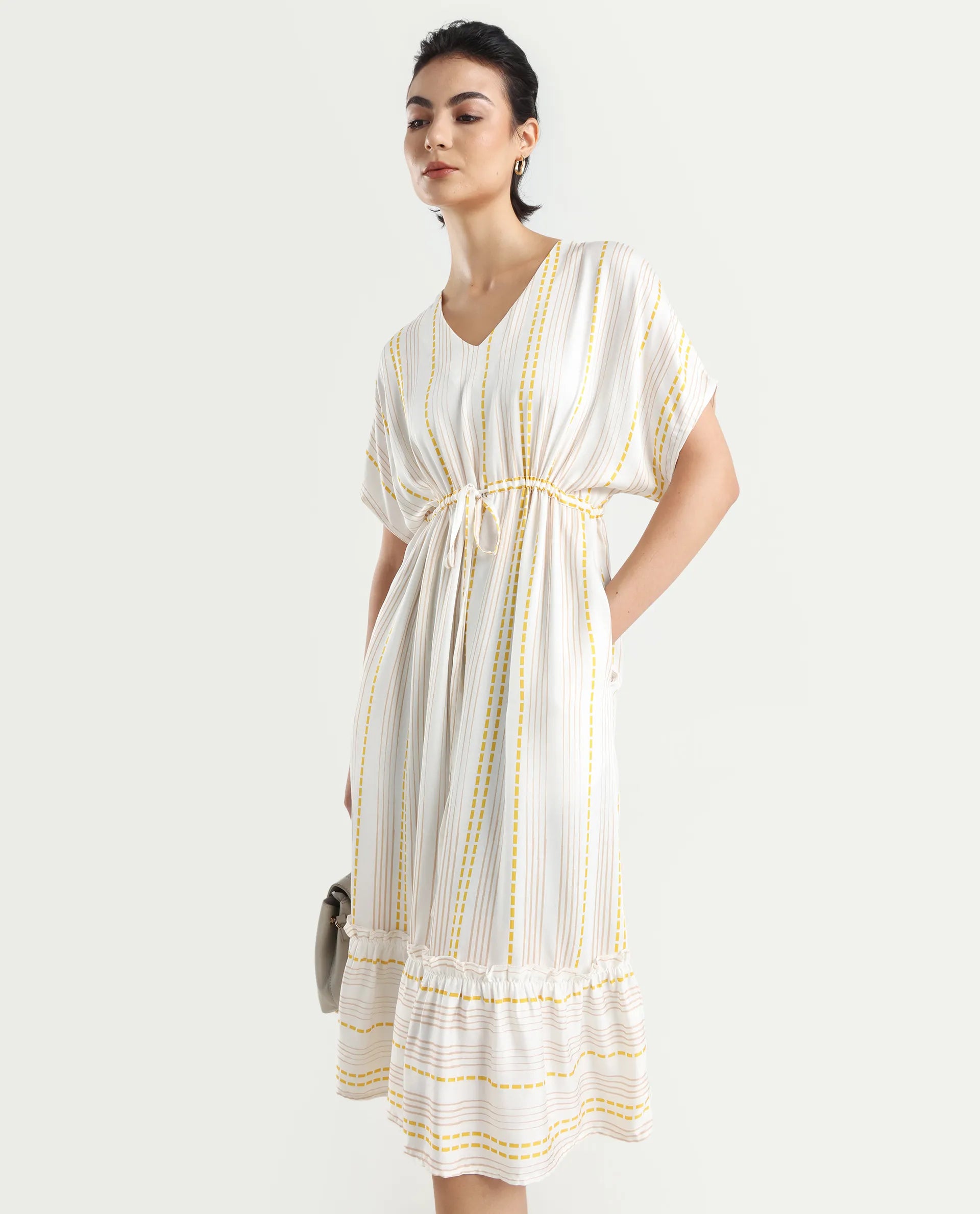 Rareism Women's Oxaca White Cotton Blend V-Neck Striped Extended Sleeves Knee Length Fit And Flare Dress