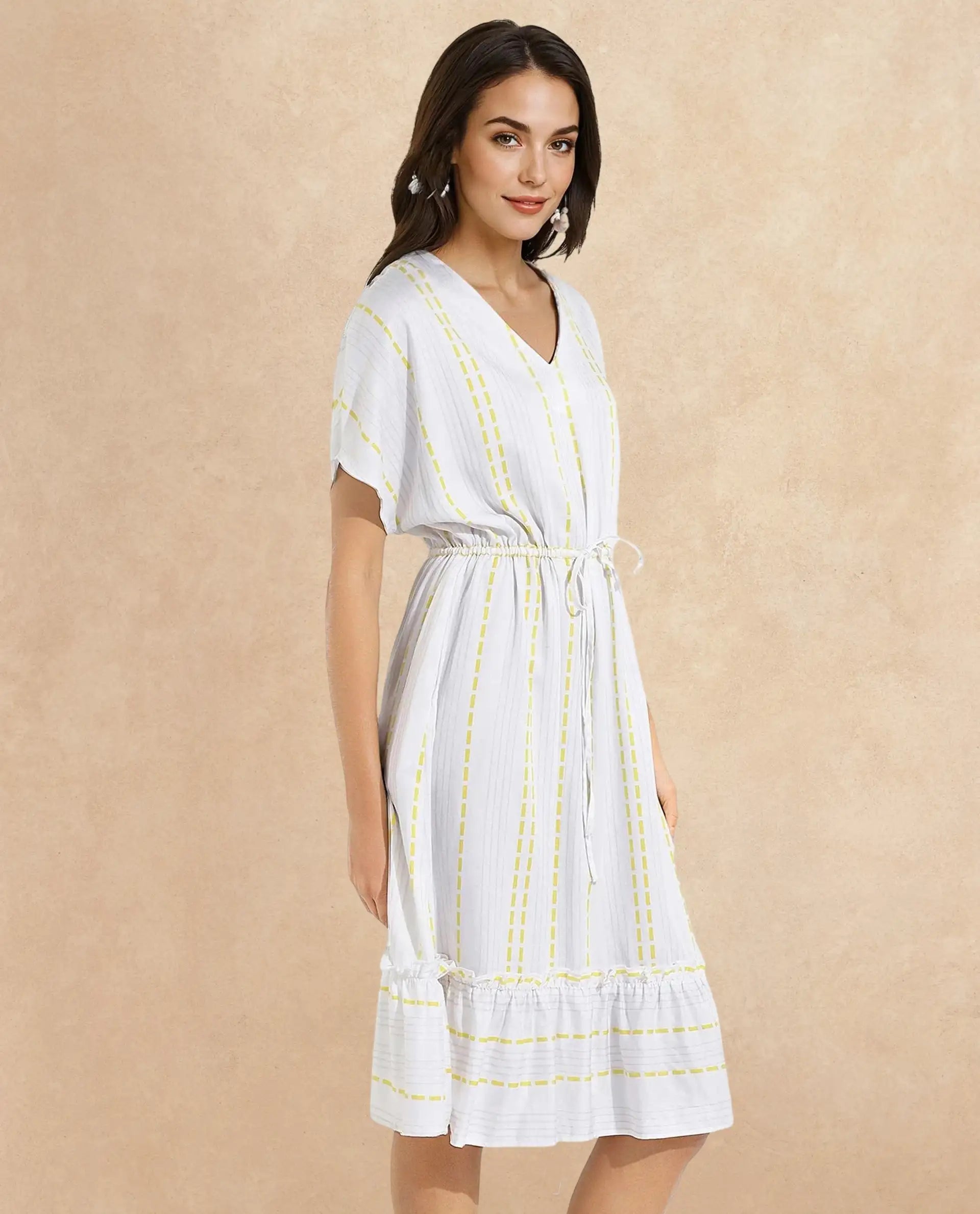 Rareism Women's Oxaca White V-Neck Tie-Up Closure Extended Sleeve Striped Fit And Flare Knee Length Dress