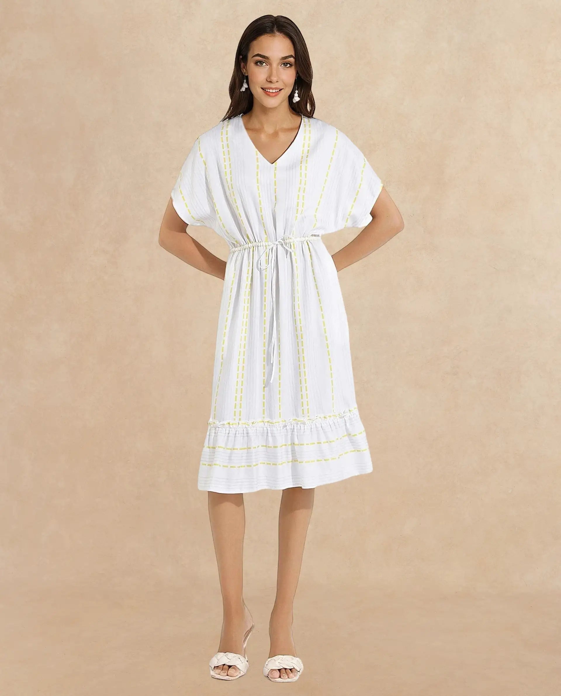 Rareism Women's Oxaca White V-Neck Tie-Up Closure Extended Sleeve Striped Fit And Flare Knee Length Dress