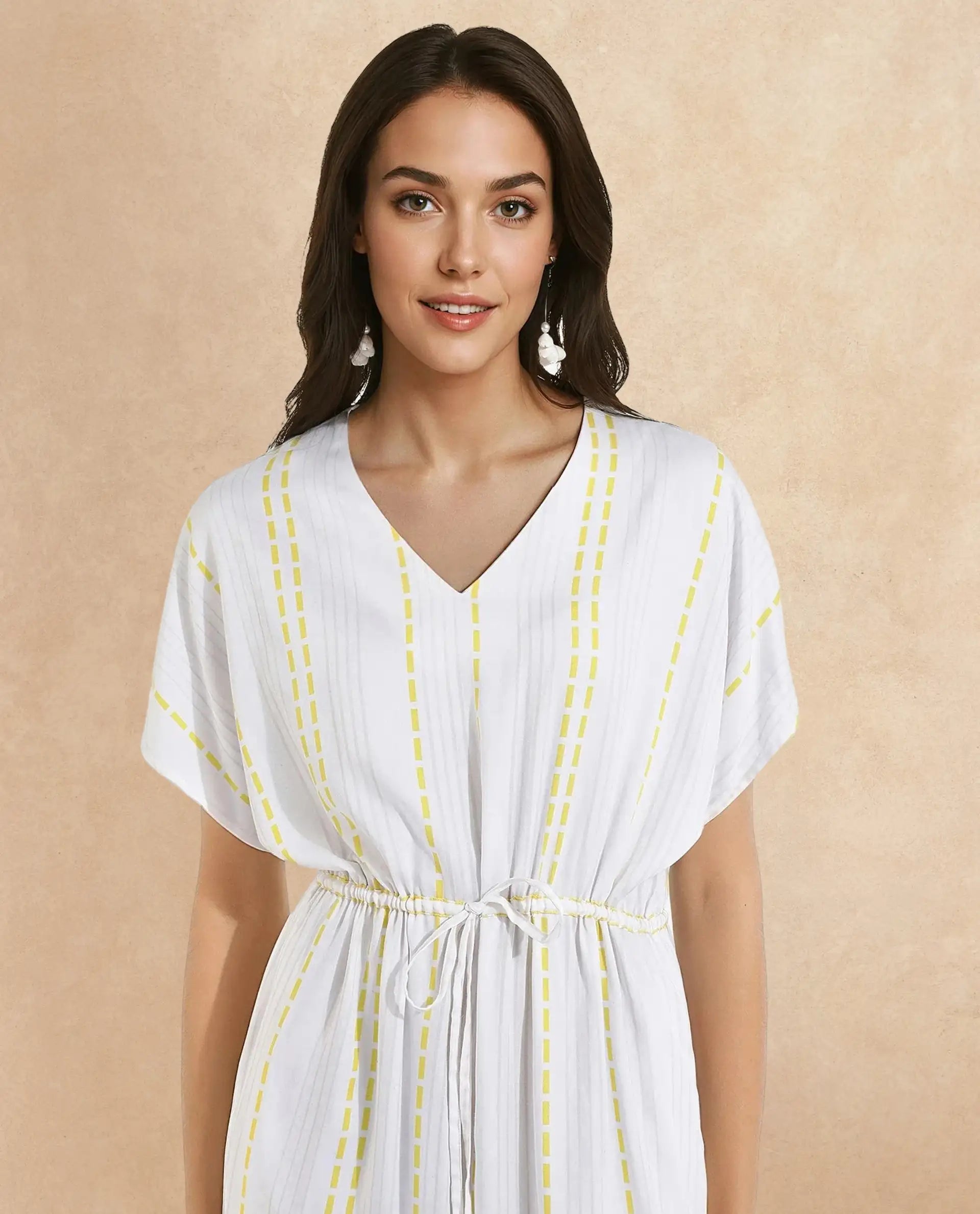 Rareism Women's Oxaca White V-Neck Tie-Up Closure Extended Sleeve Striped Fit And Flare Knee Length Dress