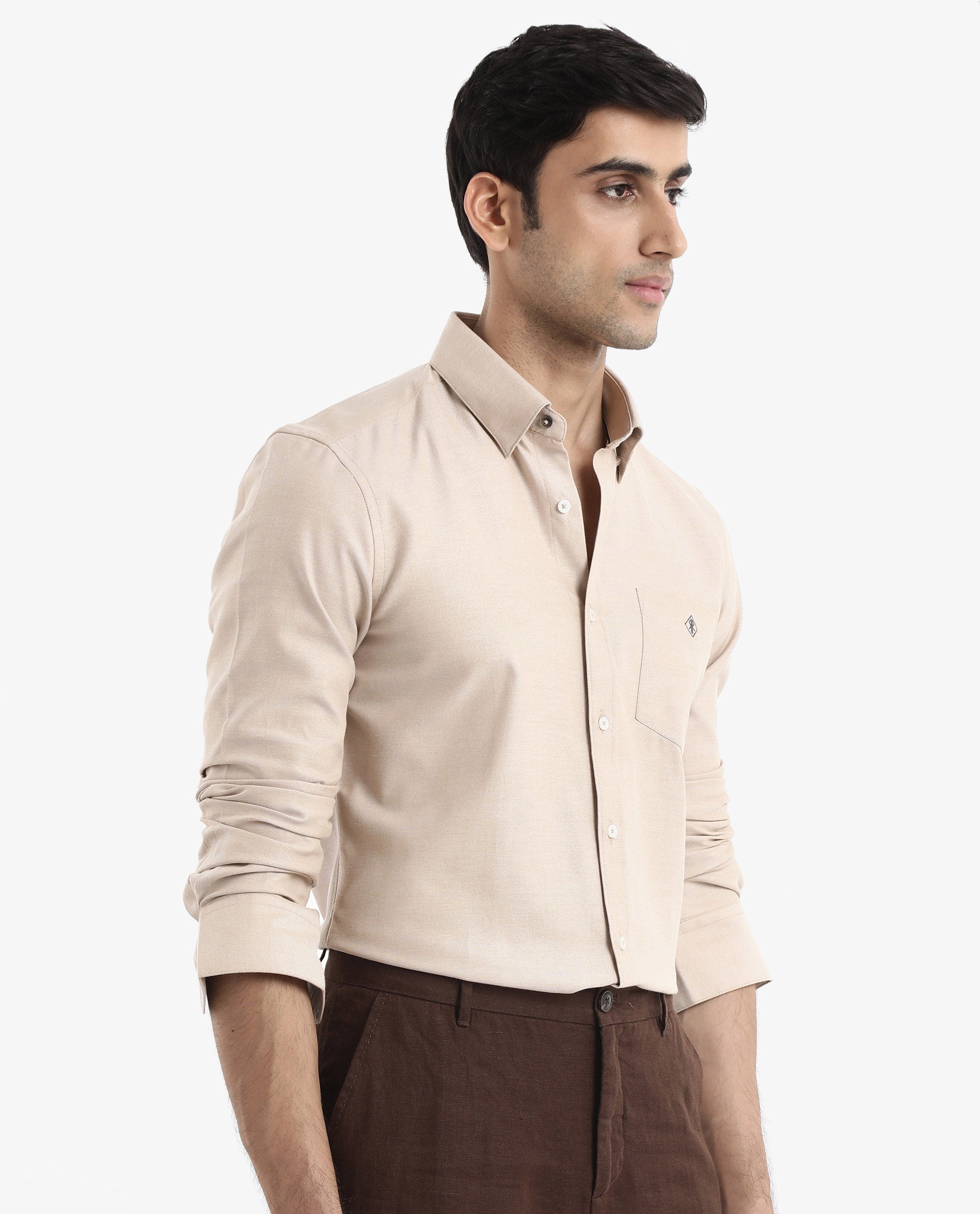 Rare Rabbit Men's Oxfom Beige Cotton Polyester Fabric Full Sleeves Button Down Collar Regular Fit Plain Formal Shirt