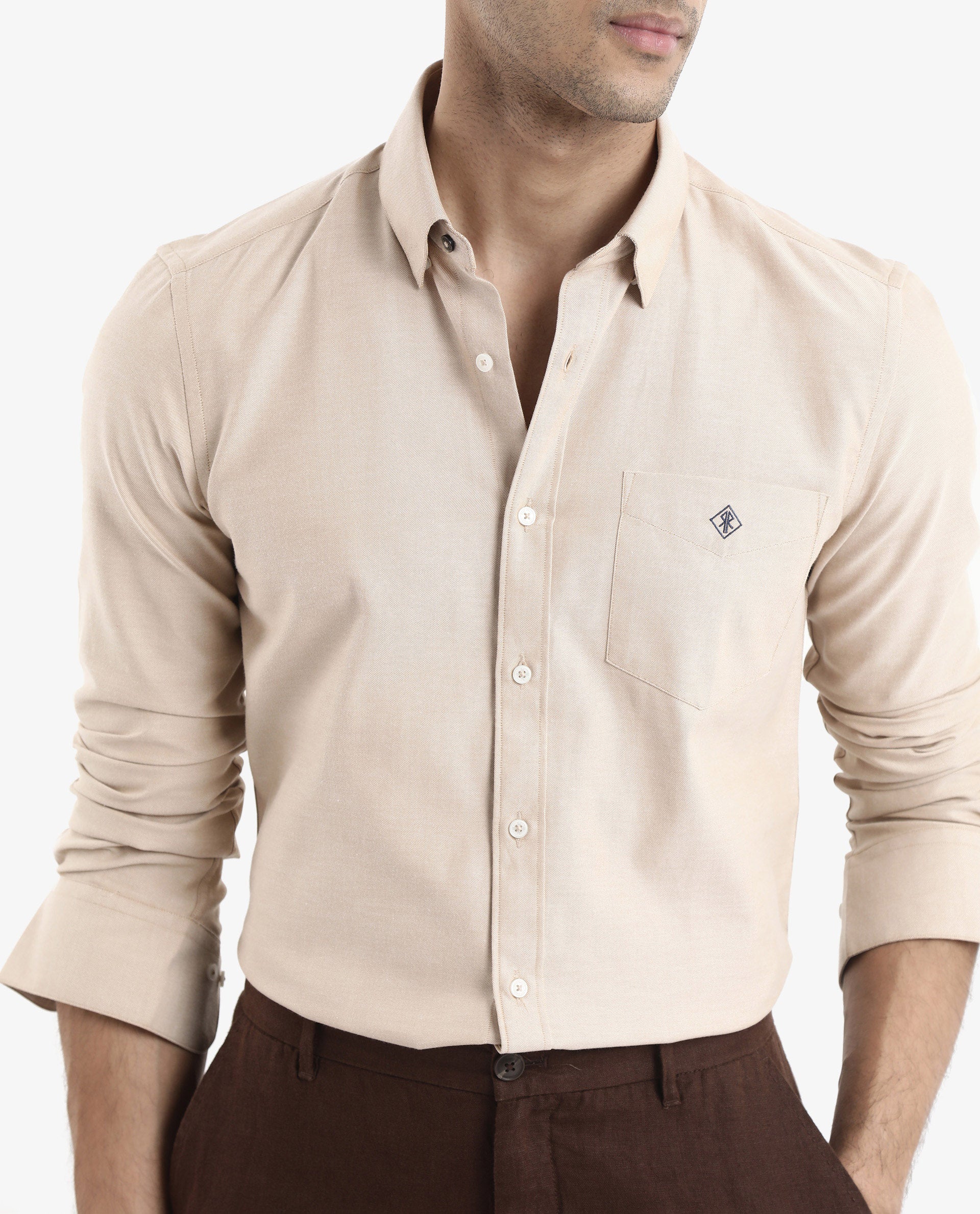 Rare Rabbit Men's Oxfom Beige Cotton Polyester Fabric Full Sleeves Button Down Collar Regular Fit Plain Formal Shirt