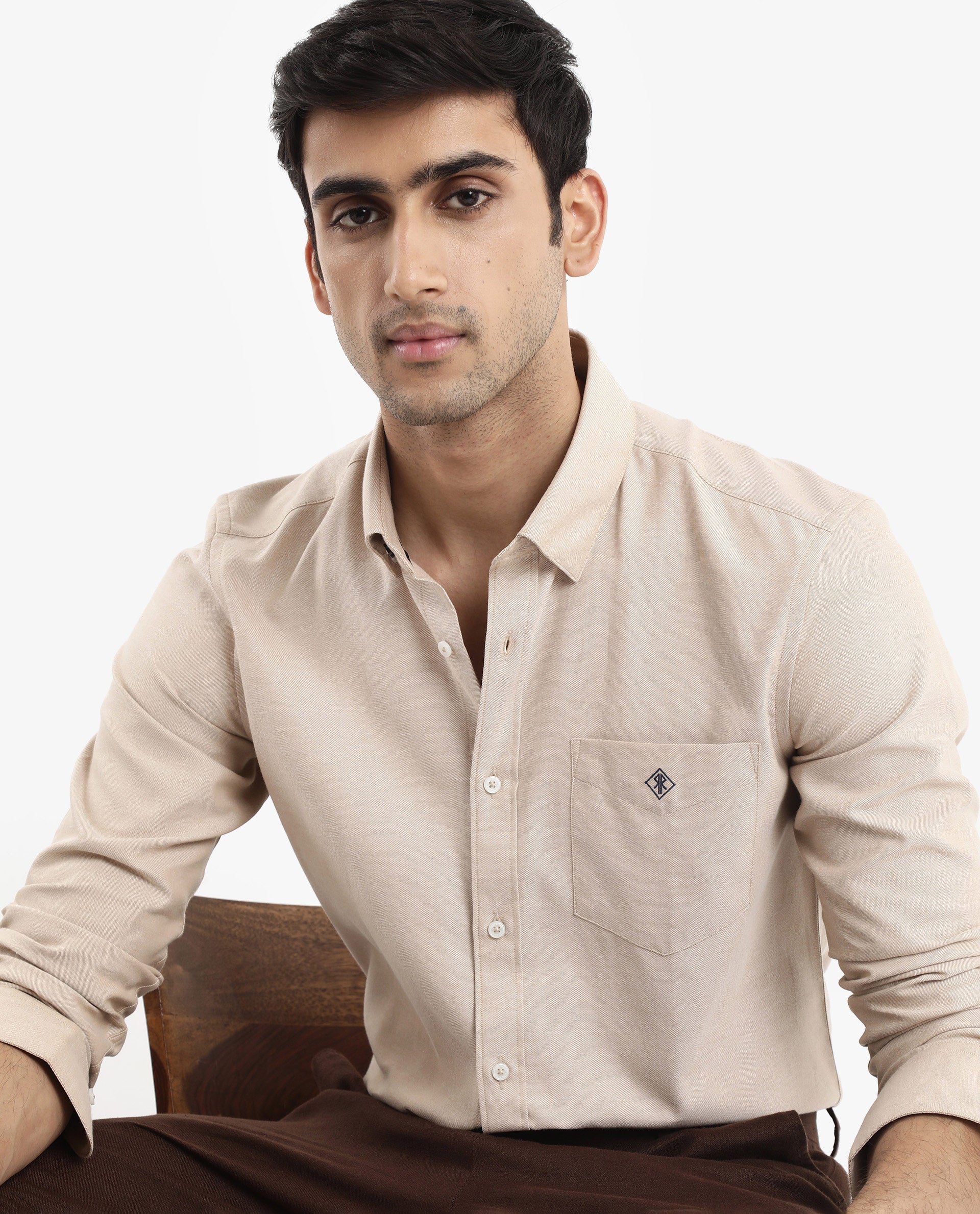 Rare Rabbit Men's Oxfom Beige Cotton Polyester Fabric Full Sleeves Button Down Collar Regular Fit Plain Formal Shirt