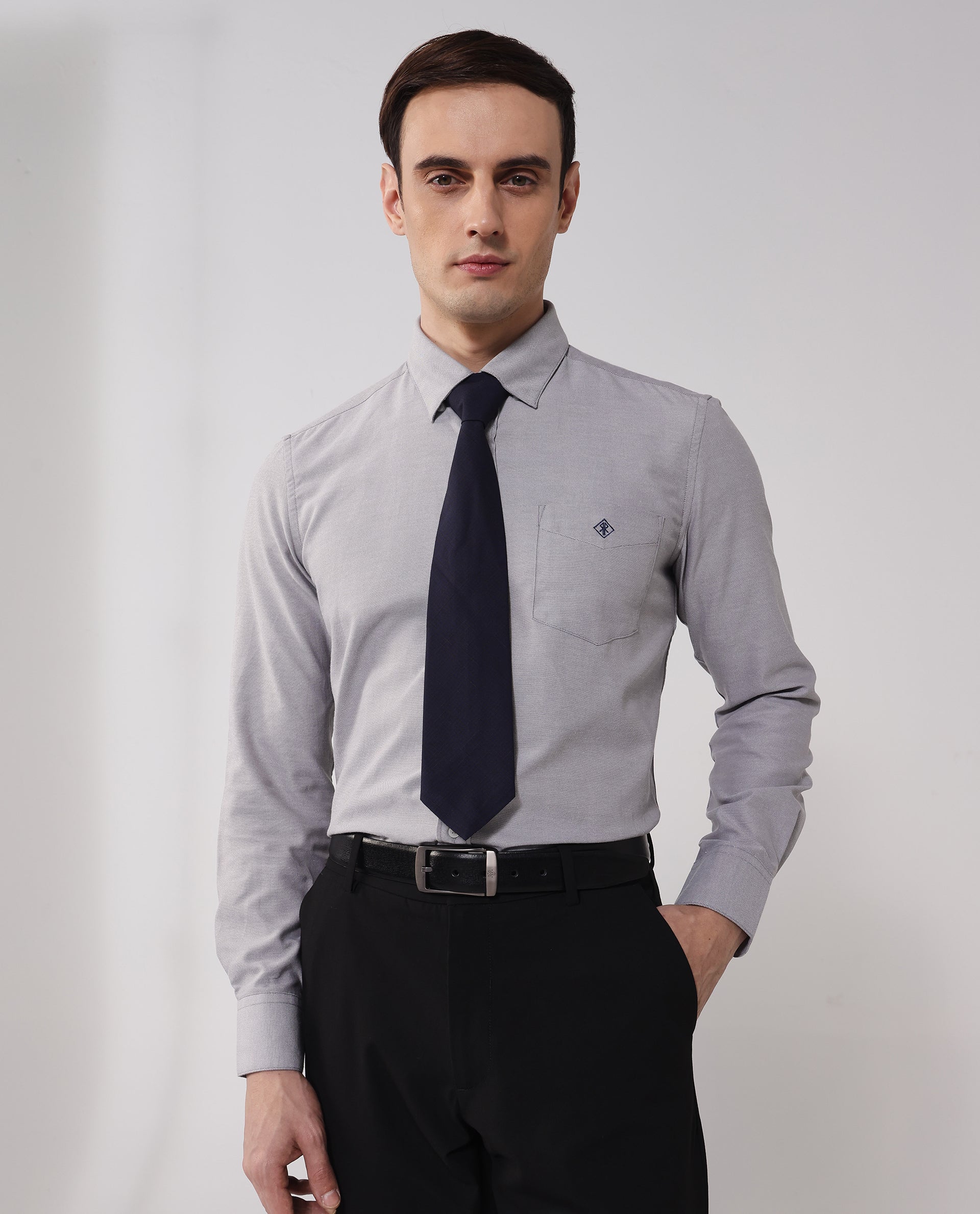 Rare Rabbit Men's Oxfom Grey Cotton Polyester Fabric Full Sleeves Button Down Collar Regular Fit Plain Formal Shirt