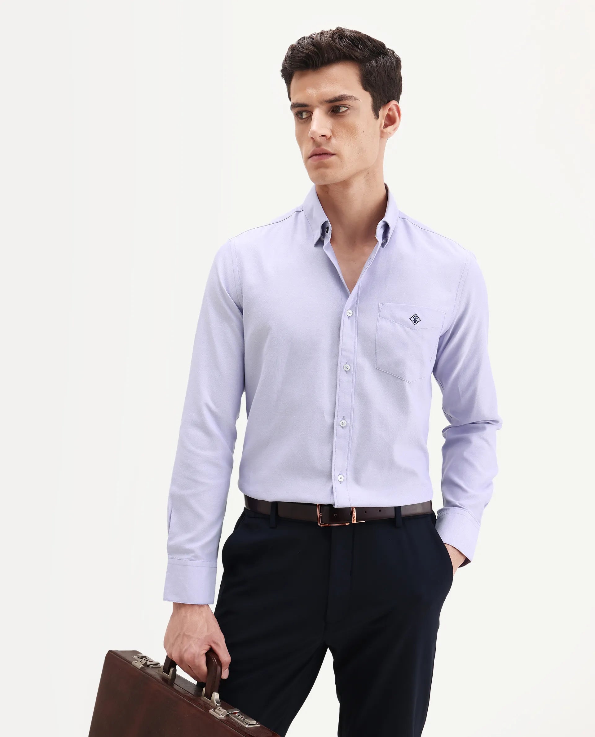 Rare Rabbit Men's Oxfom Light Purple Cotton Embroidered Regular Fit Full Sleeve Collared Shirt