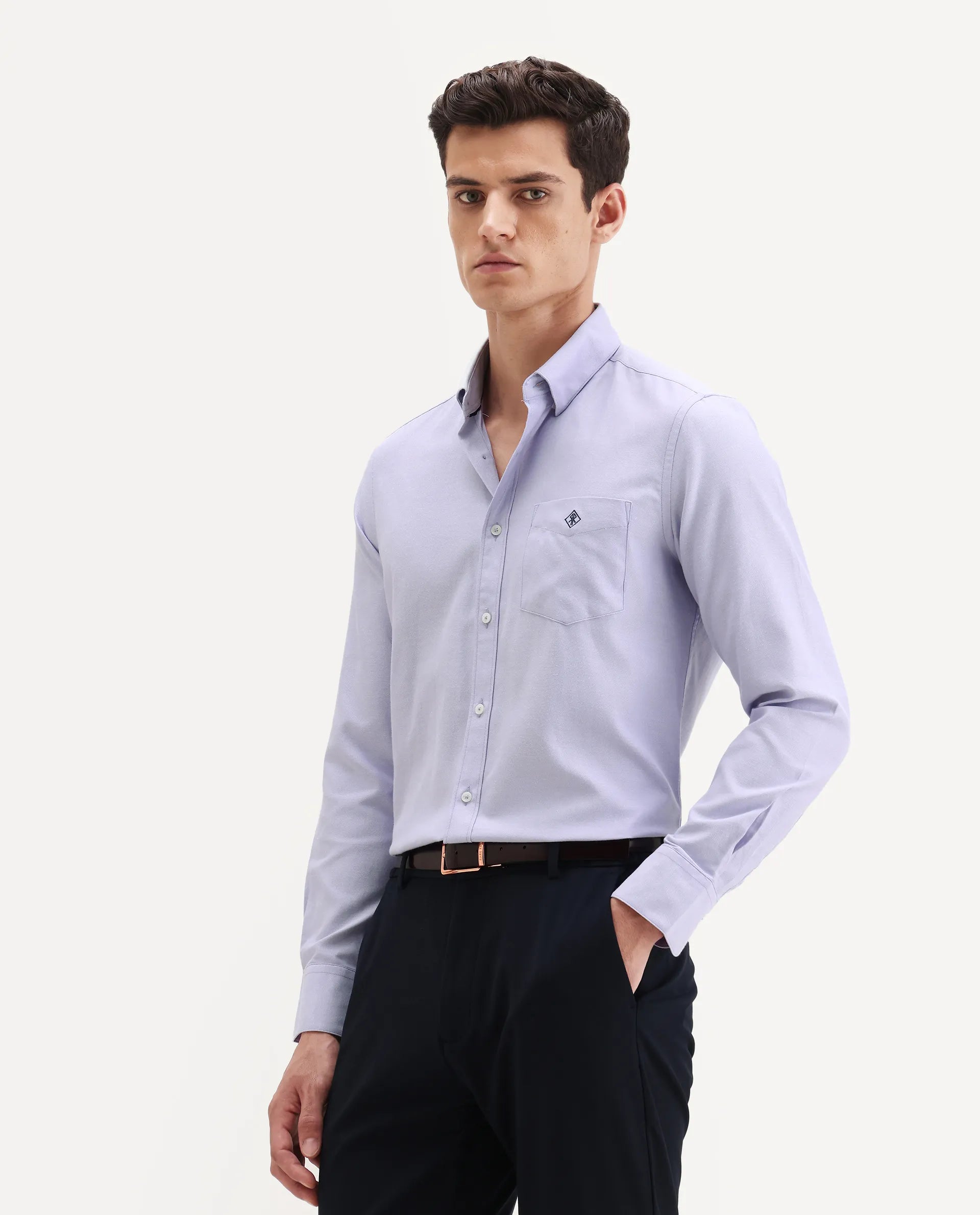 Rare Rabbit Men's Oxfom Light Purple Cotton Embroidered Regular Fit Full Sleeve Collared Shirt