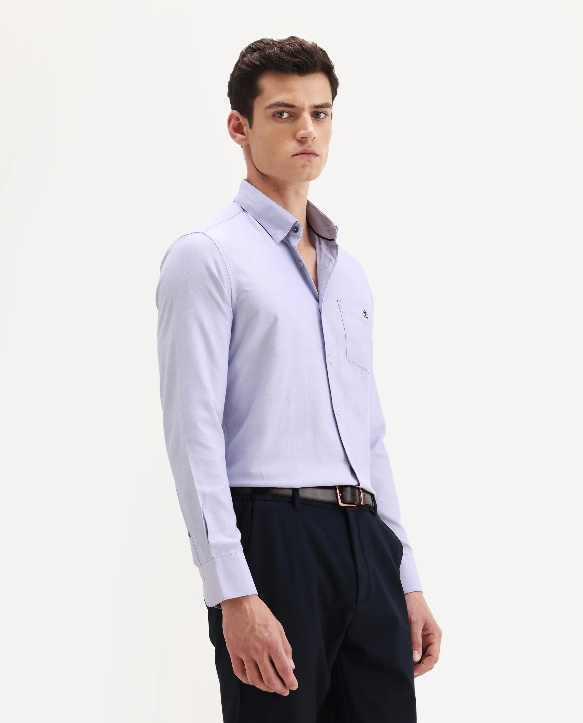 Rare Rabbit Men's Oxfom Light Purple Cotton Embroidered Regular Fit Full Sleeve Collared Shirt