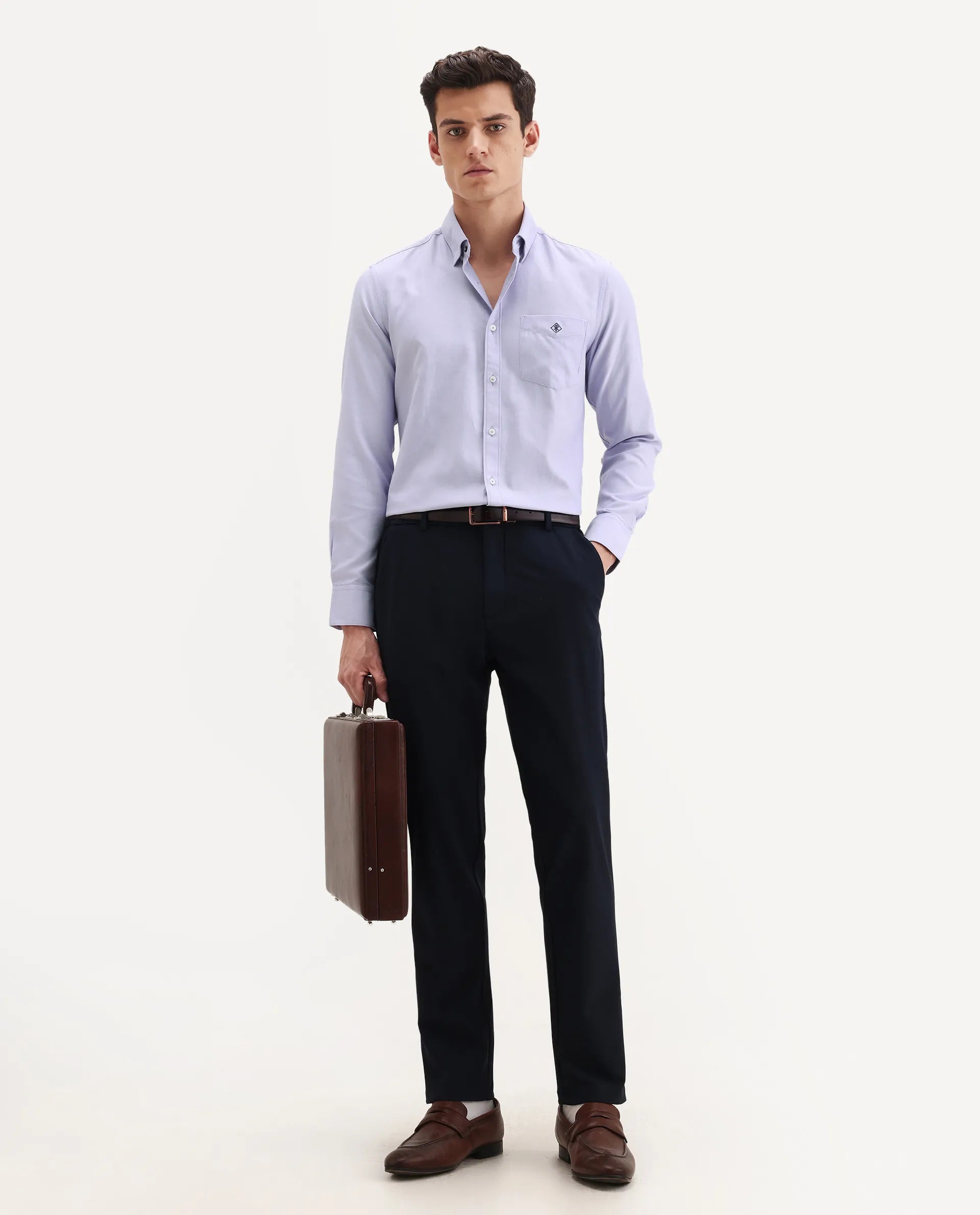 Rare Rabbit Men's Oxfom Light Purple Cotton Embroidered Regular Fit Full Sleeve Collared Shirt