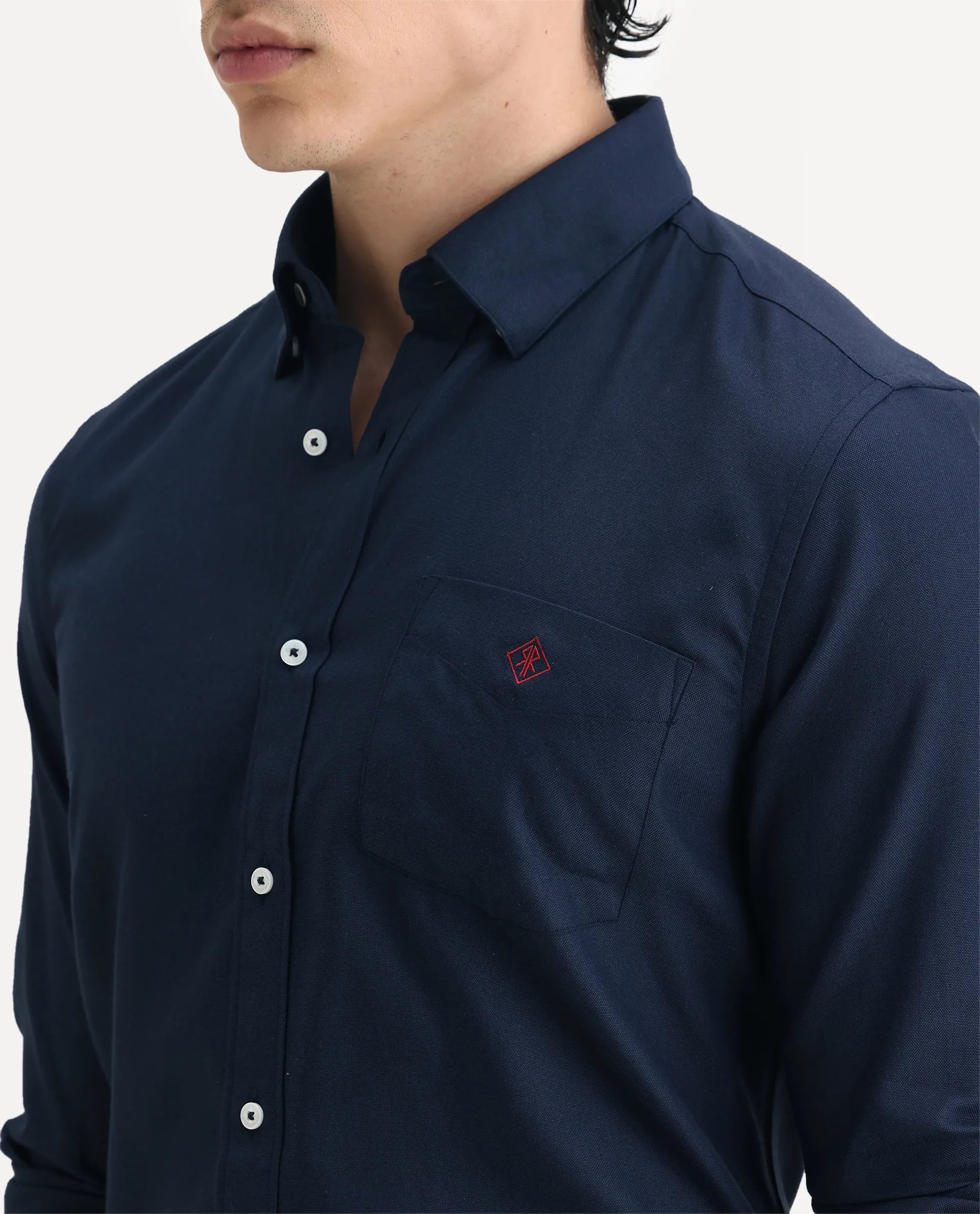 Rare Rabbit Men's Oxfom Navy Cotton Embroidered Regular Fit Full Sleeve Collared Shirt