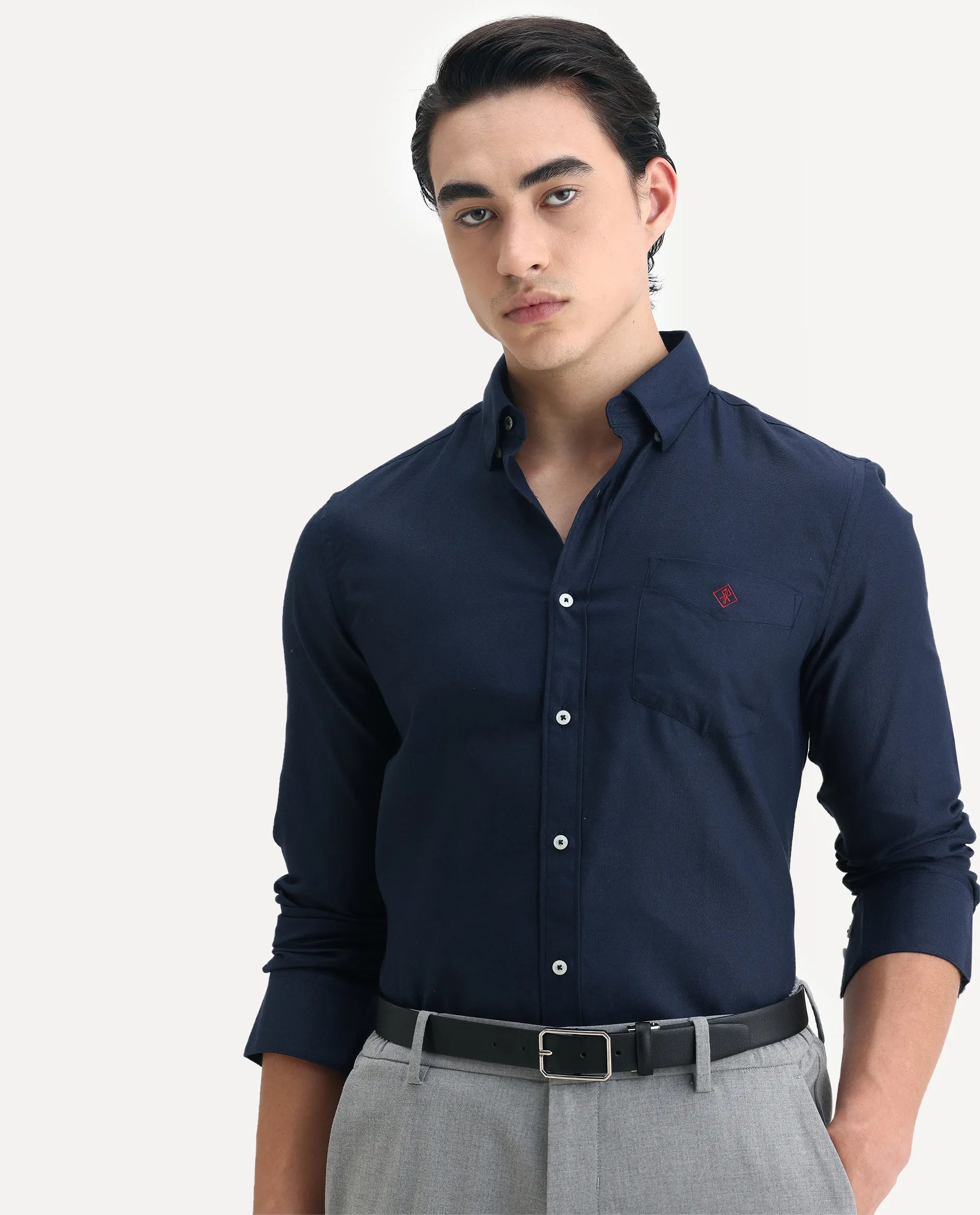 Rare Rabbit Men's Oxfom Navy Cotton Embroidered Regular Fit Full Sleeve Collared Shirt