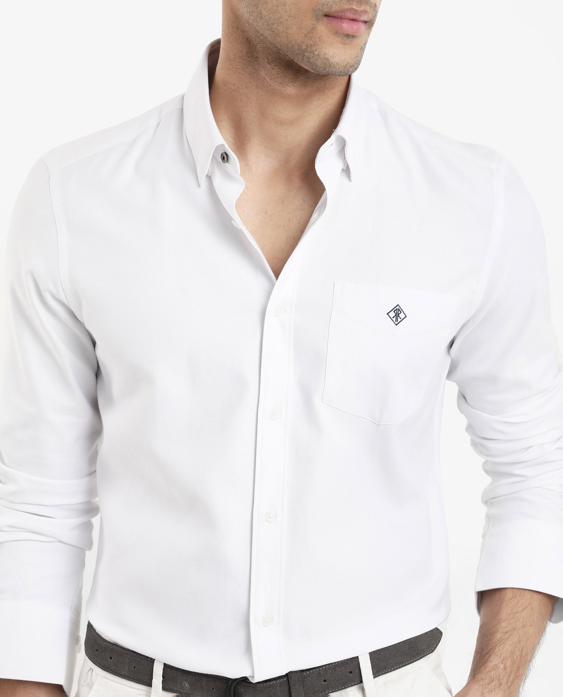 Rare Rabbit Men's Oxfom White Cotton Polyester Fabric Full Sleeves Button Down Collar Regular Fit Plain Formal Shirt