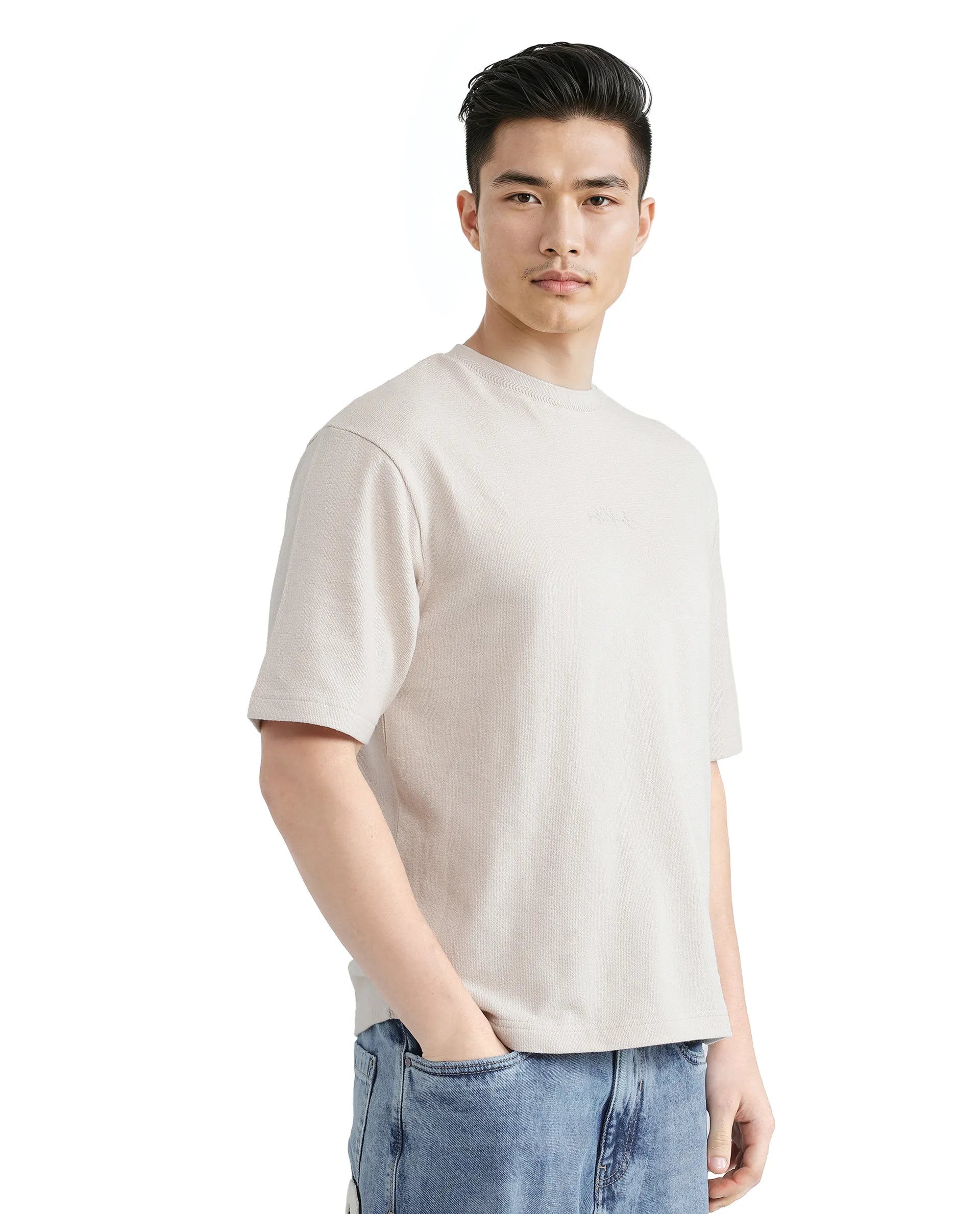 Rare Rabbit Men Oxi Beige Cotton Fabric Short Sleeve Crew Neck Textured HD Print T-Shirt