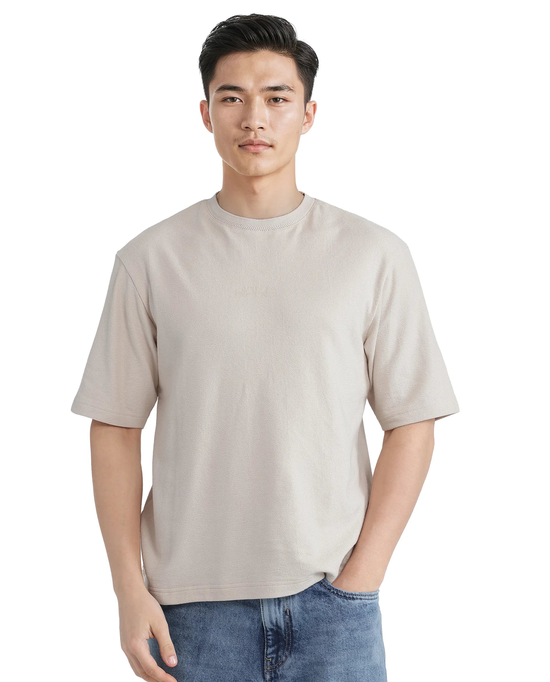 Rare Rabbit Men Oxi Beige Cotton Fabric Short Sleeve Crew Neck Textured HD Print T-Shirt