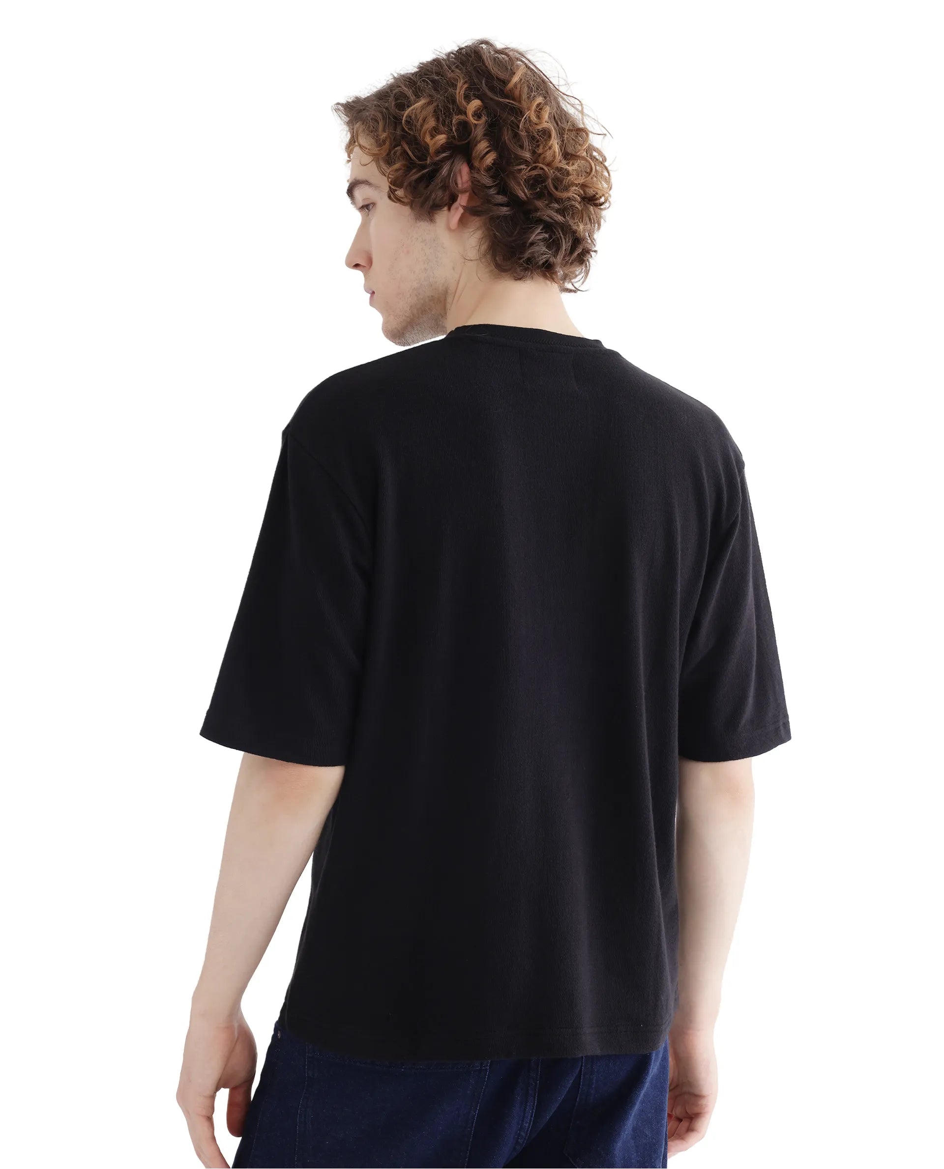 Rare Rabbit Men Oxi Black Cotton Fabric Short Sleeve Crew Neck Textured HD Print T-Shirt