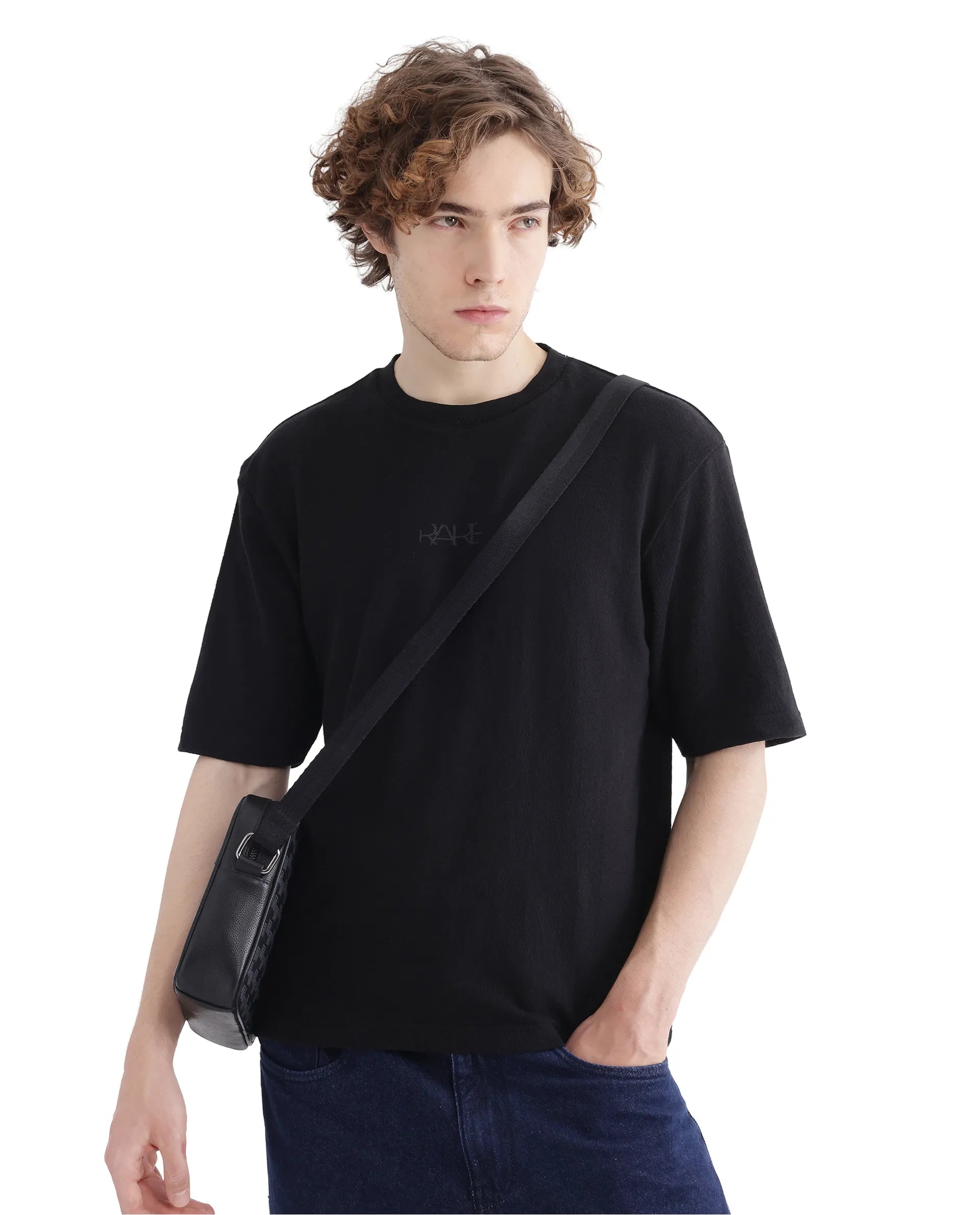 Rare Rabbit Men Oxi Black Cotton Fabric Short Sleeve Crew Neck Textured HD Print T-Shirt