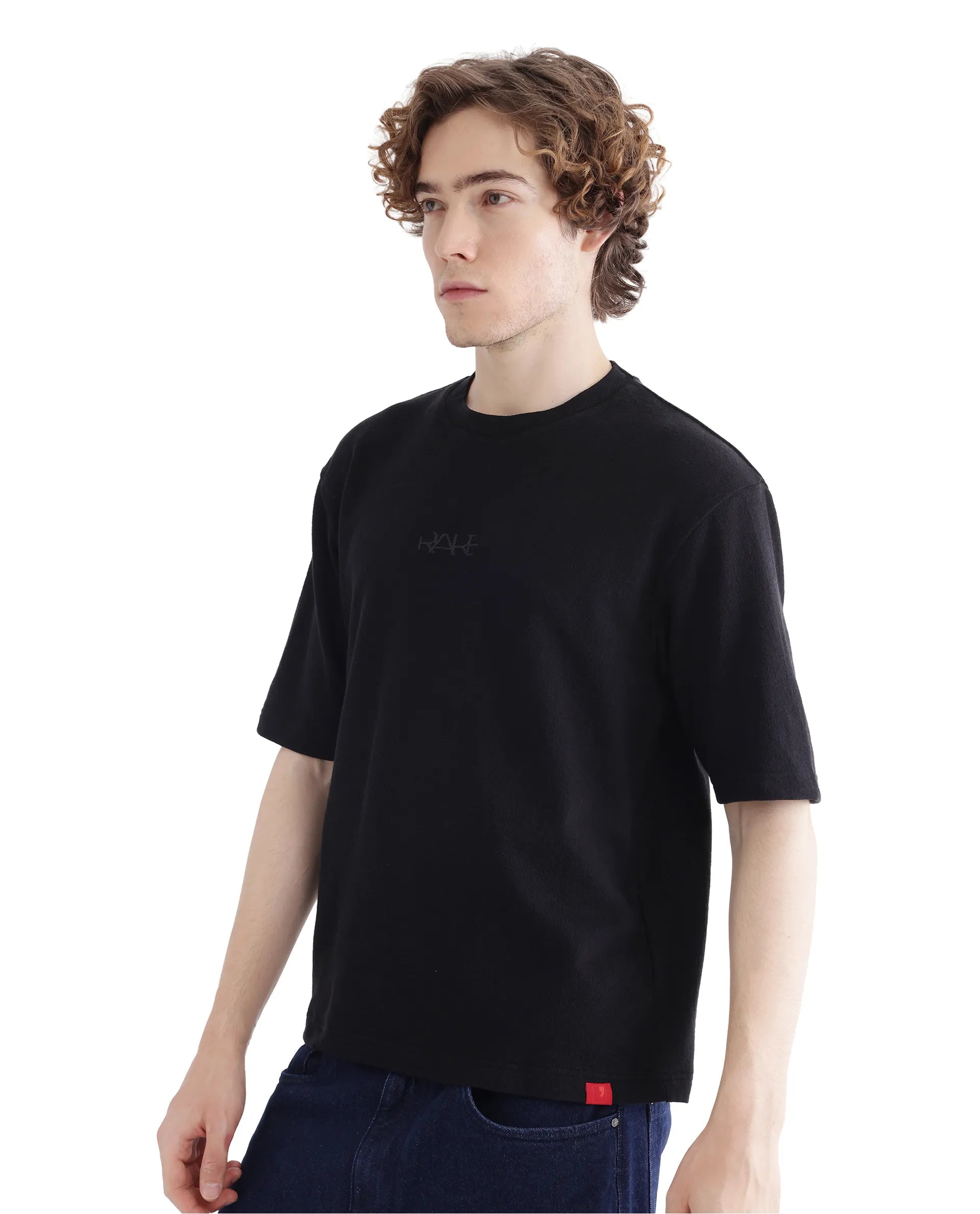 Rare Rabbit Men Oxi Black Cotton Fabric Short Sleeve Crew Neck Textured HD Print T-Shirt