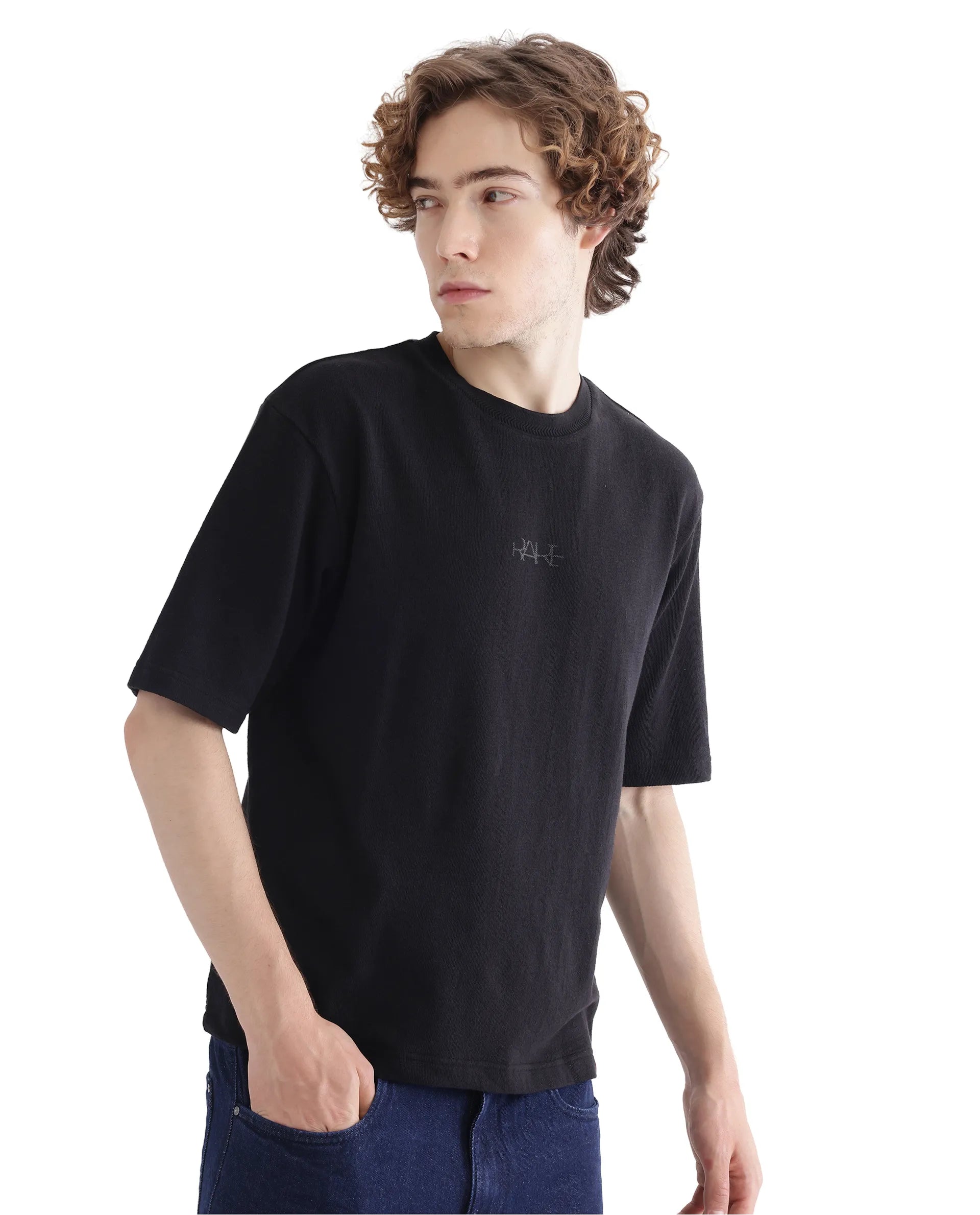 Rare Rabbit Men Oxi Black Cotton Fabric Short Sleeve Crew Neck Textured HD Print T-Shirt