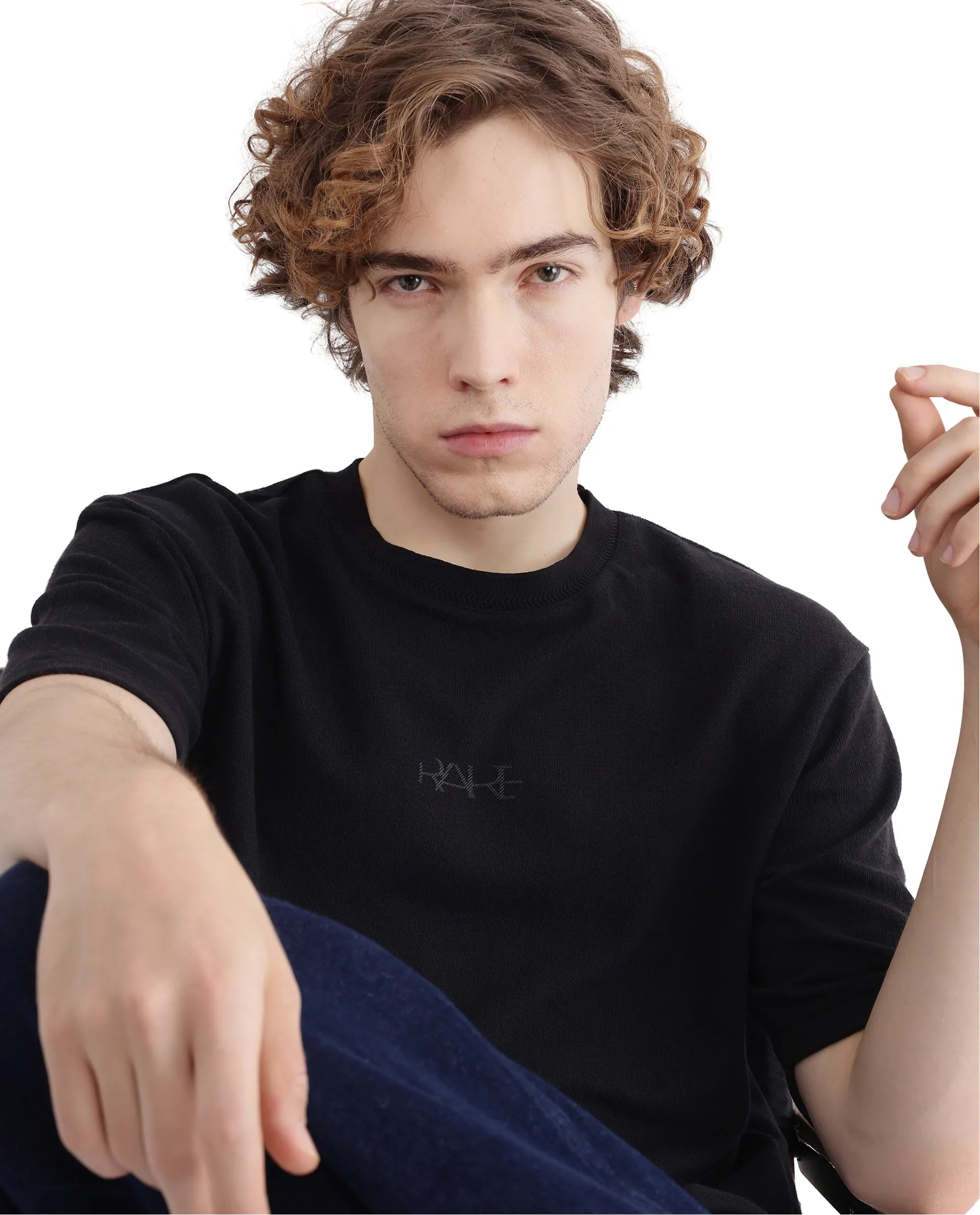 Rare Rabbit Men Oxi Black Cotton Fabric Short Sleeve Crew Neck Textured HD Print T-Shirt