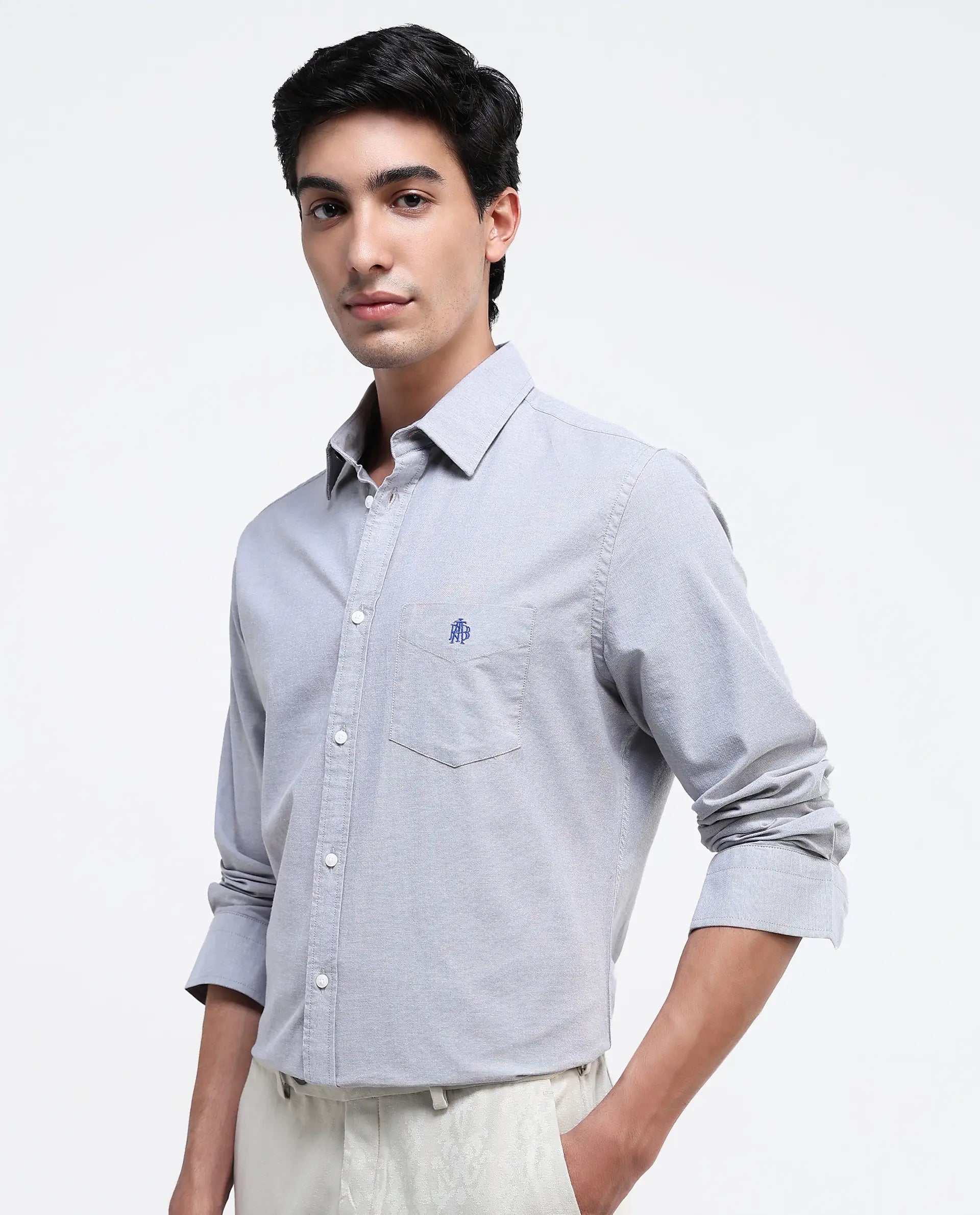 Rare Rabbit Men Oxob Grey Full Sleeve Collared Neck Button Closure Regular Fit Plain Shirt