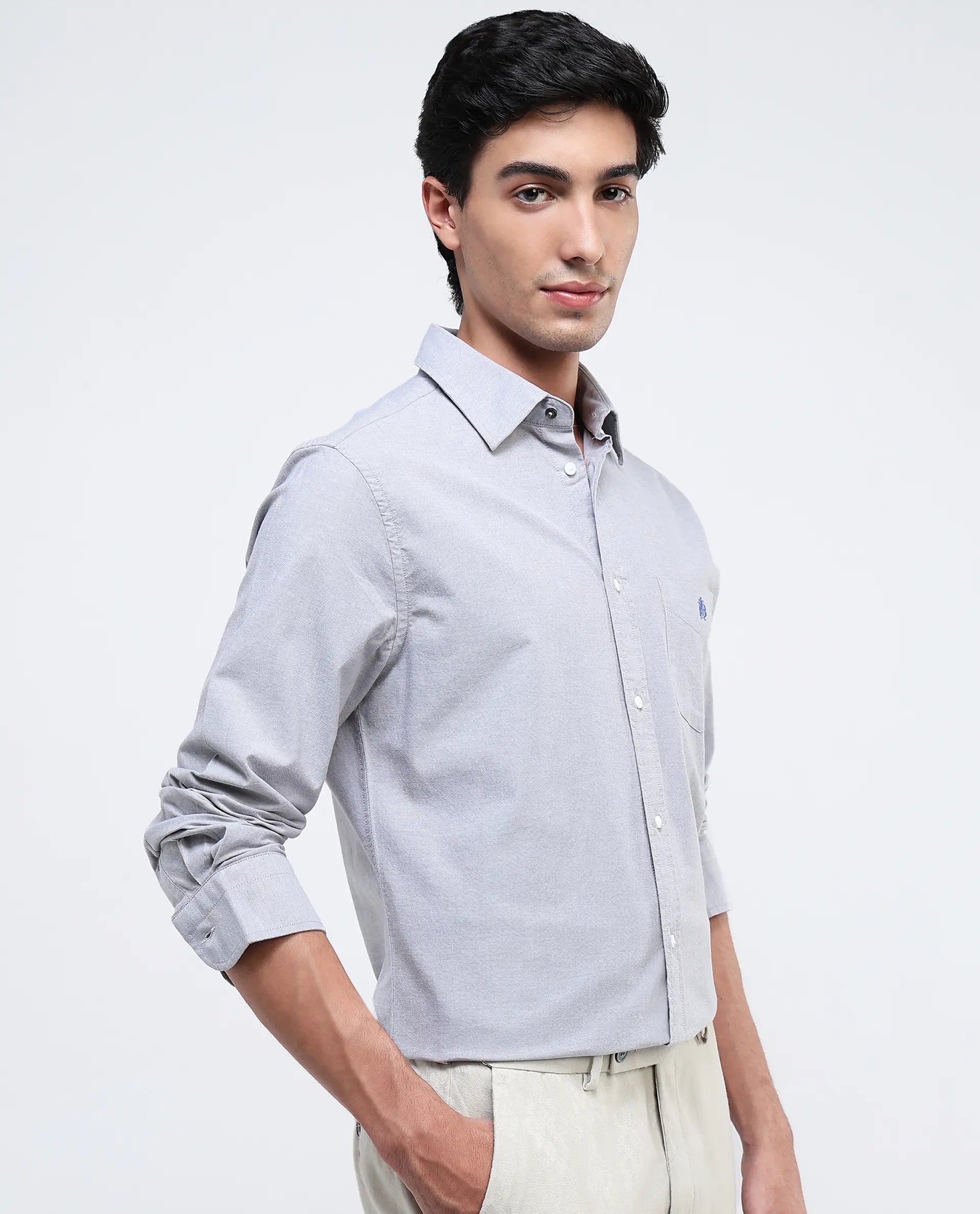 Rare Rabbit Men Oxob Grey Full Sleeve Collared Neck Button Closure Regular Fit Plain Shirt