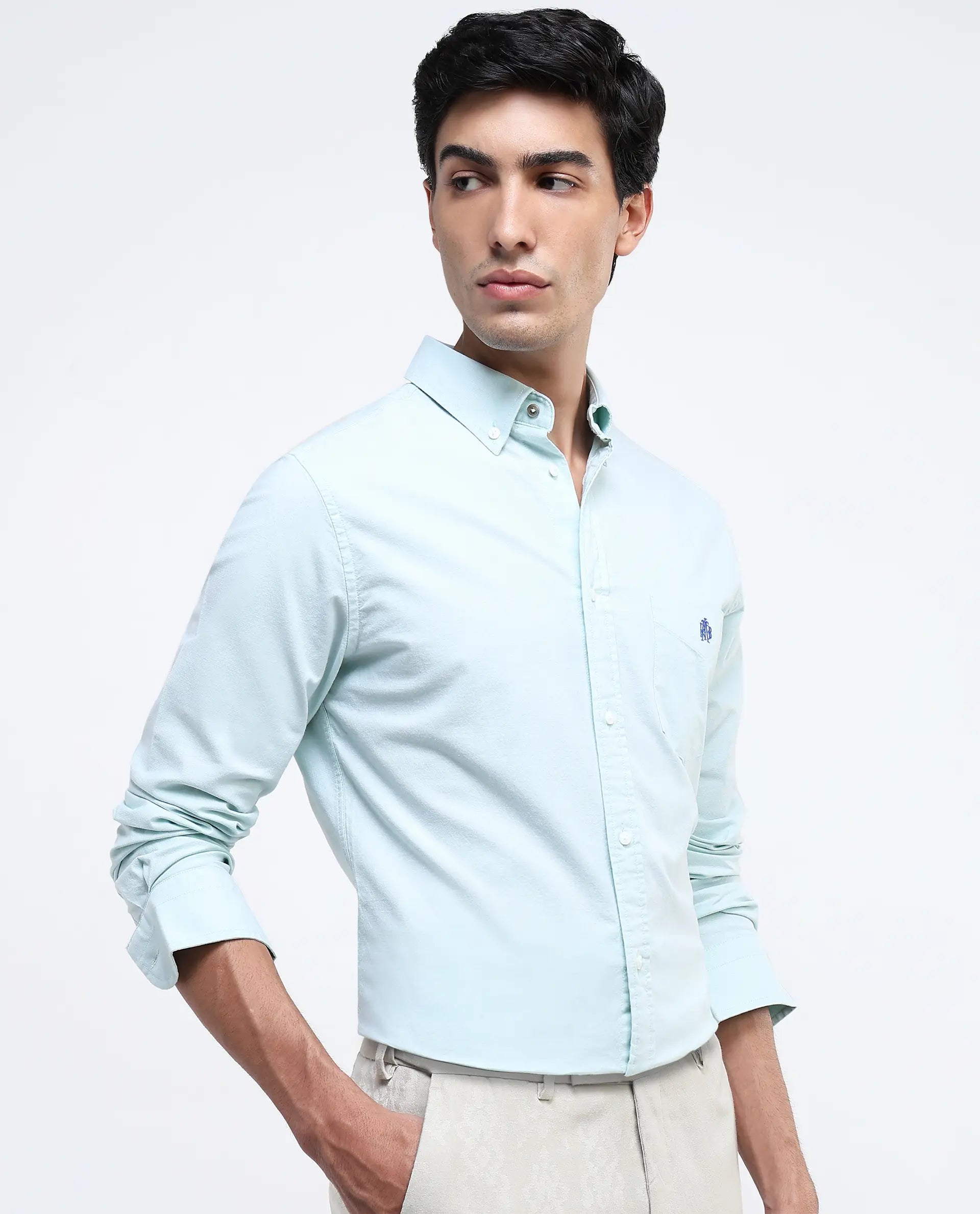 Rare Rabbit Men Oxob Pastel Green Full Sleeve Collared Neck Button Closure Regular Fit Plain Shirt