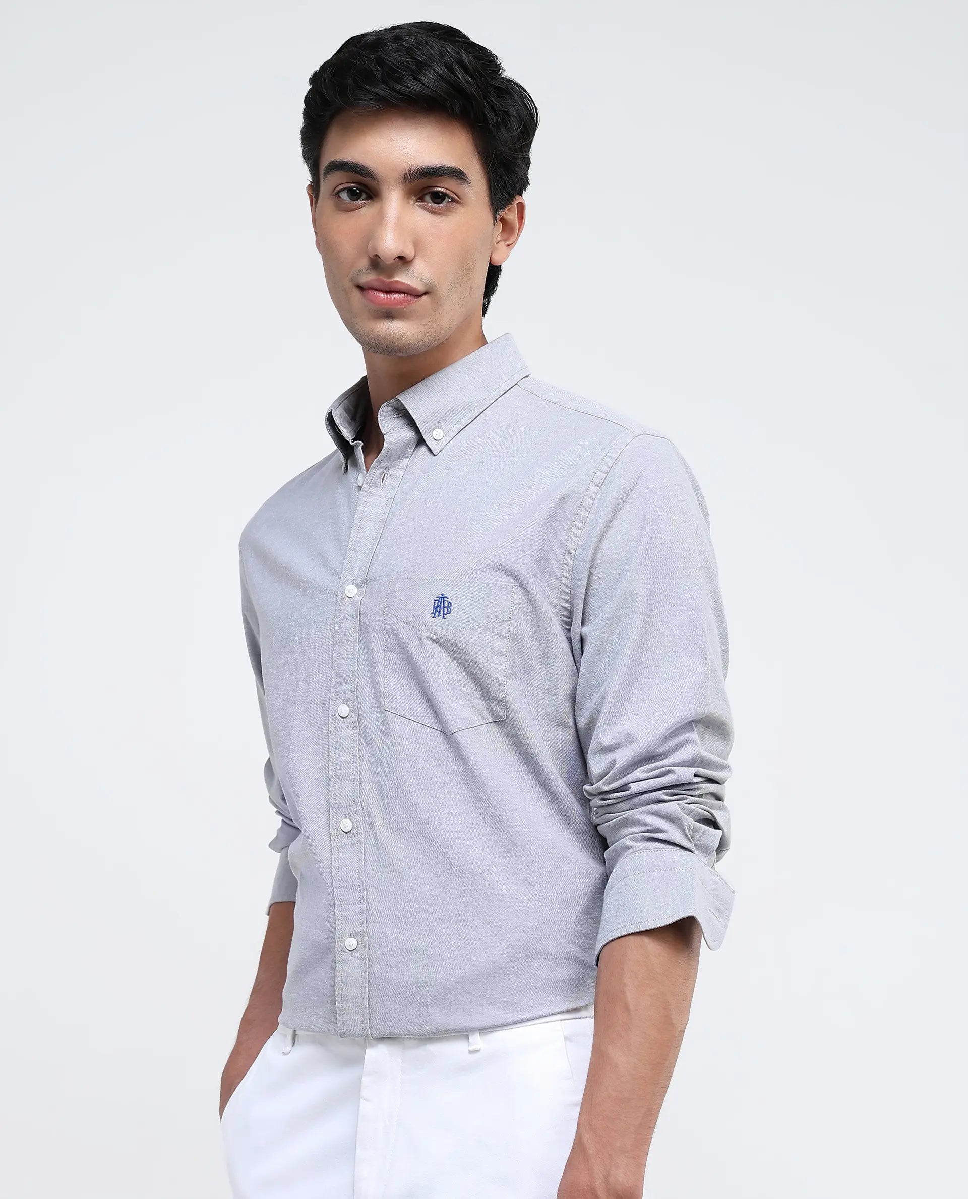 Rare Rabbit Men Oxo Grey Full Sleeve Collared Neck Button Closure Regular Fit Plain Shirt