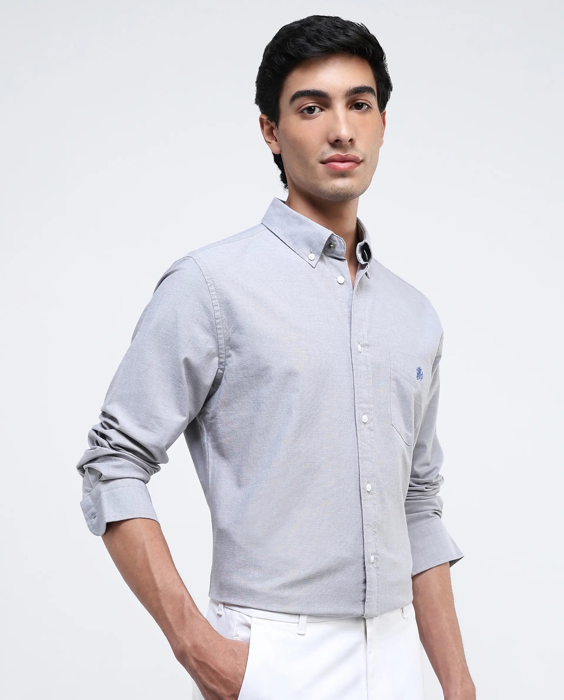 Rare Rabbit Men Oxo Grey Full Sleeve Collared Neck Button Closure Regular Fit Plain Shirt
