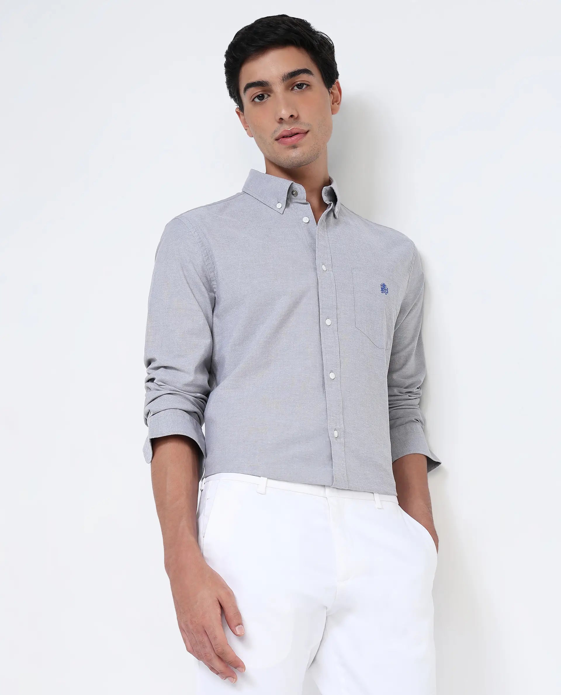 Rare Rabbit Men Oxo Grey Full Sleeve Collared Neck Button Closure Regular Fit Plain Shirt