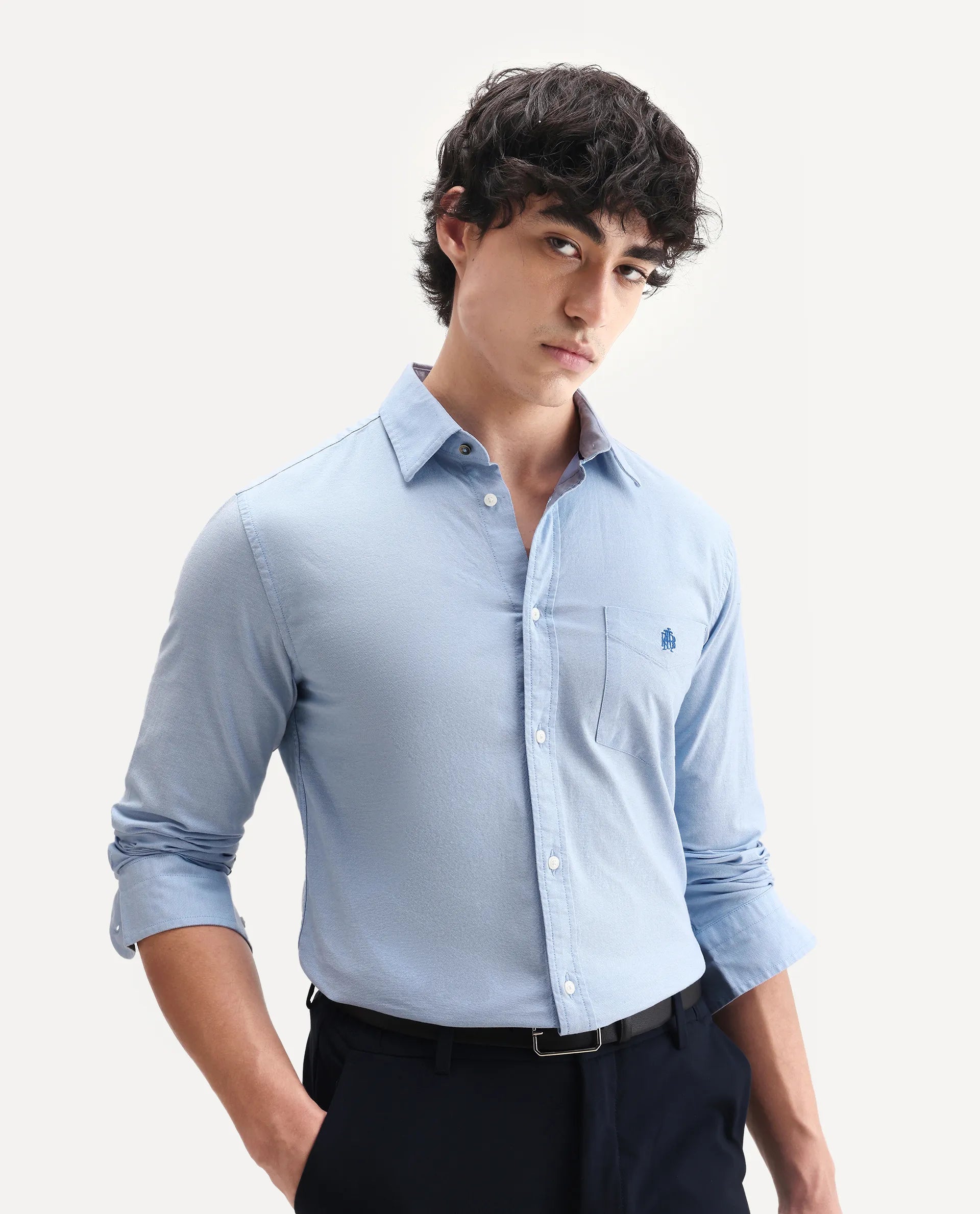 Rare Rabbit Men's Oxo Light Blue Cotton Blend Embroidered Regular Fit Full Sleeve Collared Shirt