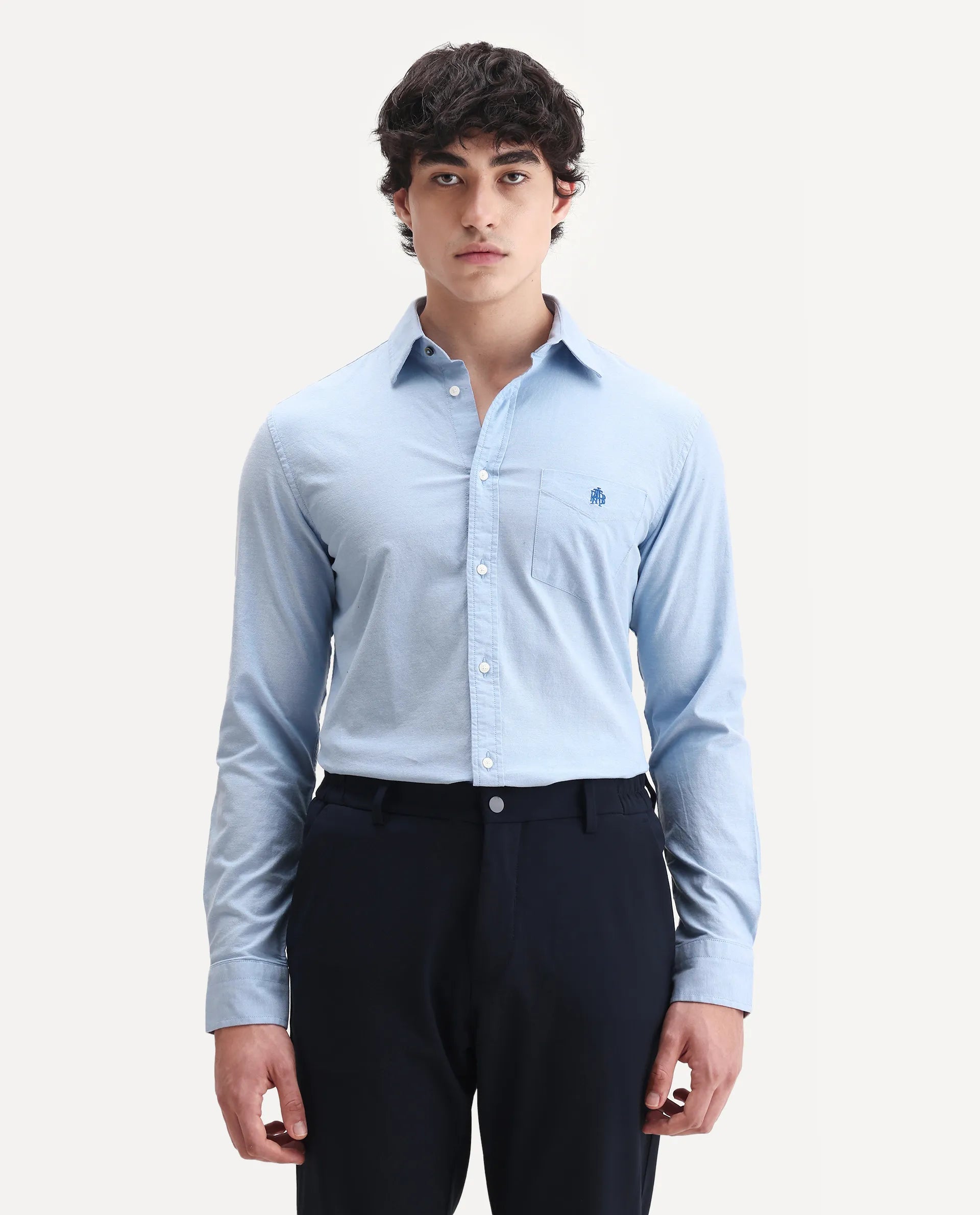 Rare Rabbit Men's Oxo Light Blue Cotton Blend Embroidered Regular Fit Full Sleeve Collared Shirt